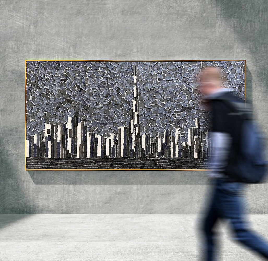 Dubai Iconic Hand Painted Art Jeans Fabric Painting 80*160cm SOASAMPLE012 - Paintings - ebarza Furniture UAE | Shop Modern Furniture in Abu Dhabi & Dubai - مفروشات ايبازرا في الامارات | تسوق اثاث عصري وديكورات مميزة في دبي وابوظبي