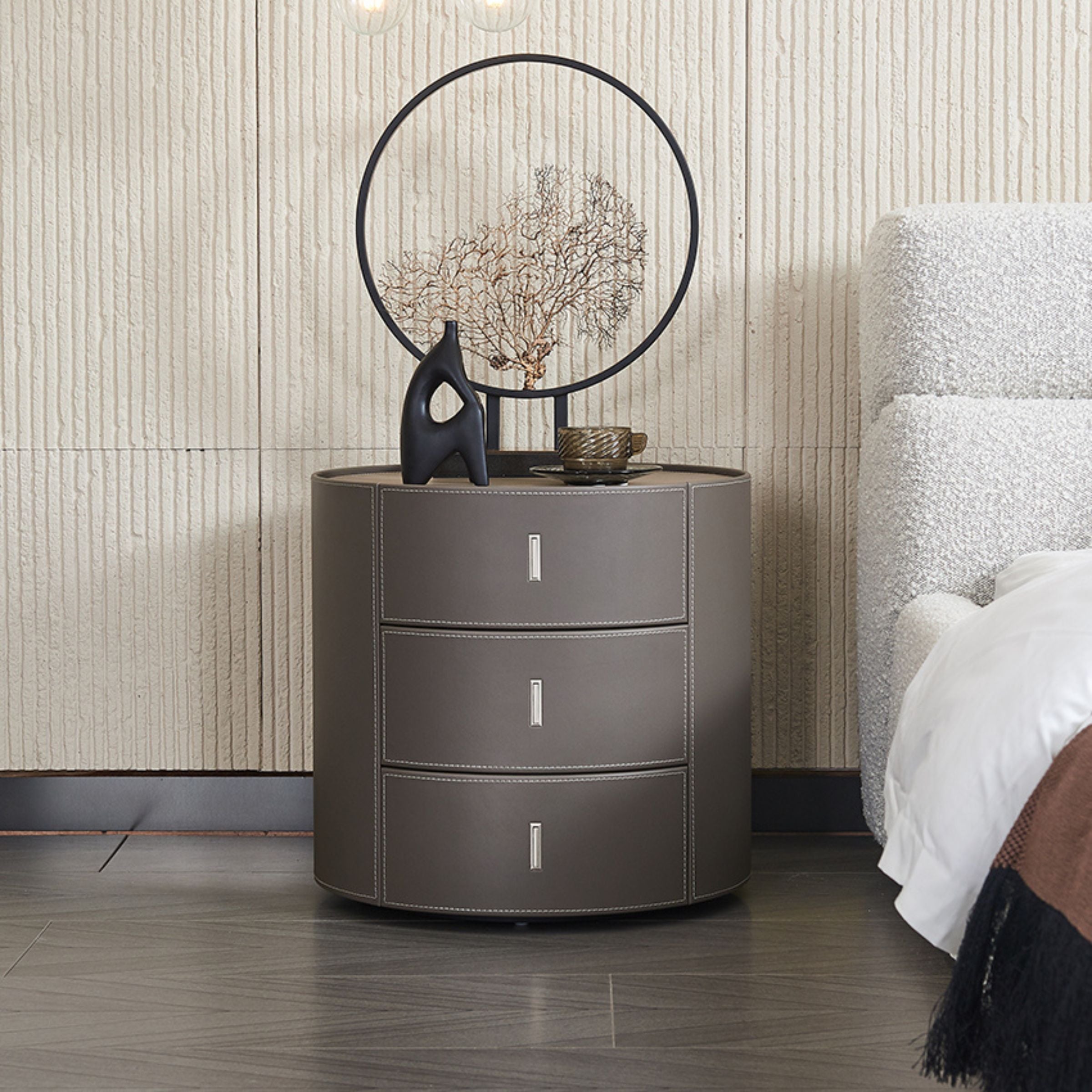 Pre-order 35 Days Delivery - Verona Grey Walnut Veneer Saddle Leather Cabinet MLL-T98 - Side Tables - ebarza Furniture UAE | Shop Modern Furniture in Abu Dhabi & Dubai - مفروشات ايبازرا في الامارات | تسوق اثاث عصري وديكورات مميزة في دبي وابوظبي