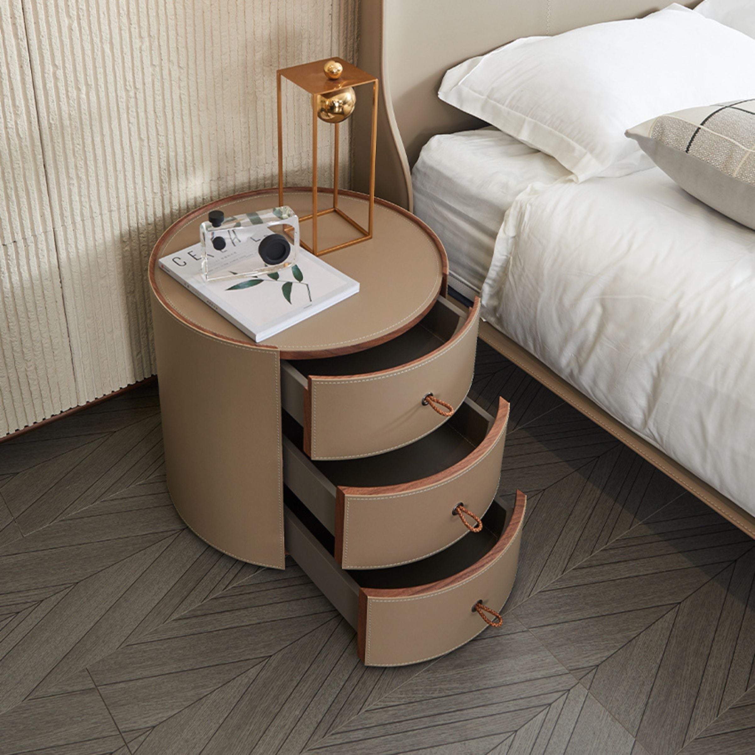 Verona Beige Walnut Veneer Saddle Leather Side Table/Cabinet MLL-T38 - Bedside Tables - ebarza Furniture UAE | Shop Modern Furniture in Abu Dhabi & Dubai - مفروشات ايبازرا في الامارات | تسوق اثاث عصري وديكورات مميزة في دبي وابوظبي