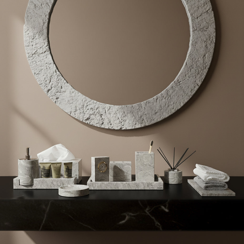 Bawang Flower Marble Toothbrush Holder Set (Cotton Stick Canister Style - Silver Lid) TMC892-1+CBJ892-6 - Bath Sets - ebarza Furniture UAE | Shop Modern Furniture in Abu Dhabi & Dubai - مفروشات ايبازرا في الامارات | تسوق اثاث عصري وديكورات مميزة في دبي وابوظبي