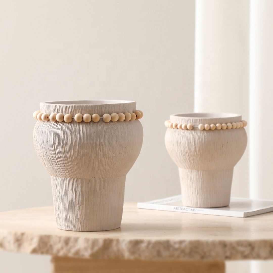Beige Cement Vase With Bead Detail -A FF-SN24023A - Vases - ebarza Furniture UAE | Shop Modern Furniture in Abu Dhabi & Dubai - مفروشات ايبازرا في الامارات | تسوق اثاث عصري وديكورات مميزة في دبي وابوظبي