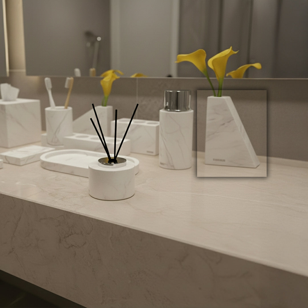 Jazz White Marble Trapezoidal Flower Arrangement (High Style) VSB880 - Vases - ebarza Furniture UAE | Shop Modern Furniture in Abu Dhabi & Dubai - مفروشات ايبازرا في الامارات | تسوق اثاث عصري وديكورات مميزة في دبي وابوظبي