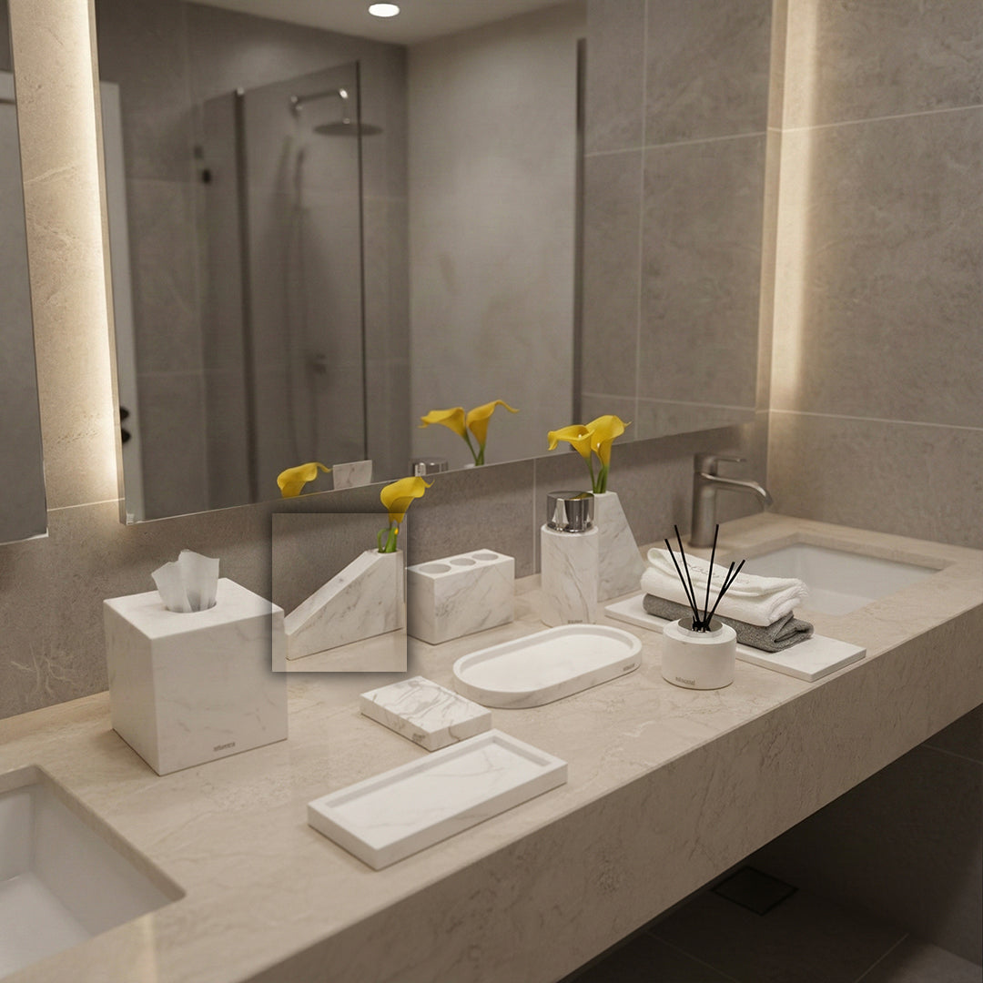 Jazz White Marble Trapezoidal Flower Arrangement (short version) VSC880 - Vases - ebarza Furniture UAE | Shop Modern Furniture in Abu Dhabi & Dubai - مفروشات ايبازرا في الامارات | تسوق اثاث عصري وديكورات مميزة في دبي وابوظبي