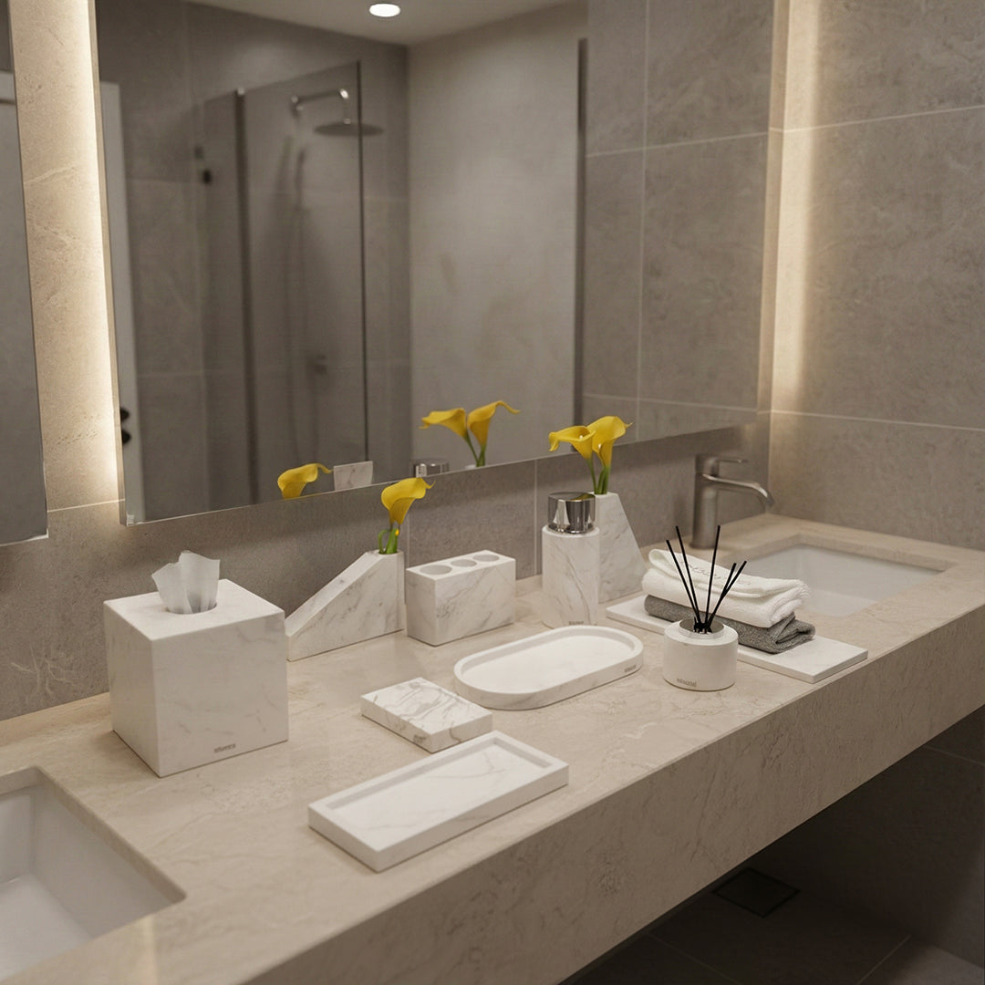 Jazz White Marble Trapezoidal Flower Arrangement (short version) VSC880 - Vases - ebarza Furniture UAE | Shop Modern Furniture in Abu Dhabi & Dubai - مفروشات ايبازرا في الامارات | تسوق اثاث عصري وديكورات مميزة في دبي وابوظبي