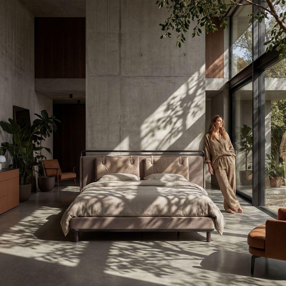 bedstead with modern living room