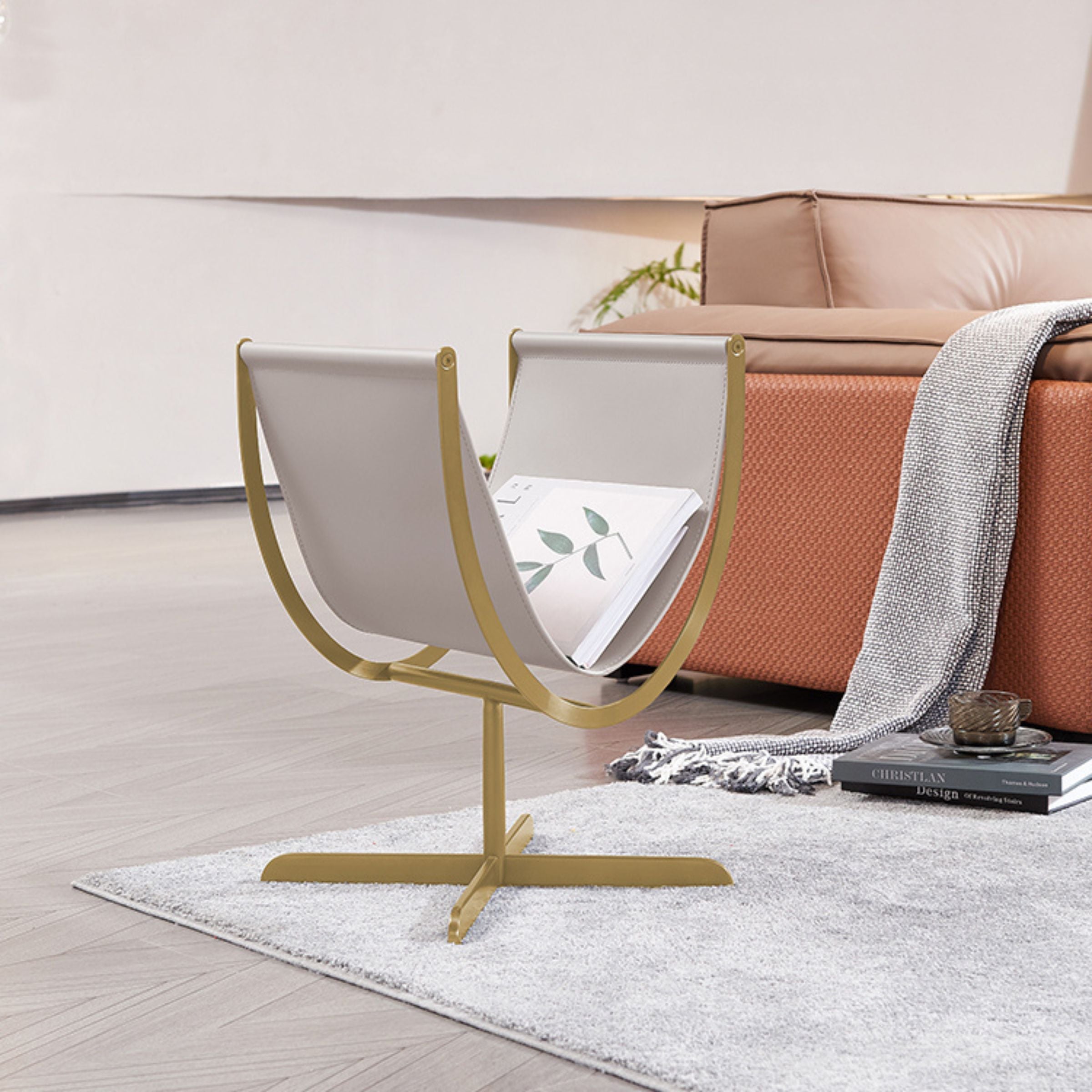 Gold brushed saddle leather & stainless steel Side Table MLL-D74-Beige - Side Tables - ebarza Furniture UAE | Shop Modern Furniture in Abu Dhabi & Dubai - مفروشات ايبازرا في الامارات | تسوق اثاث عصري وديكورات مميزة في دبي وابوظبي