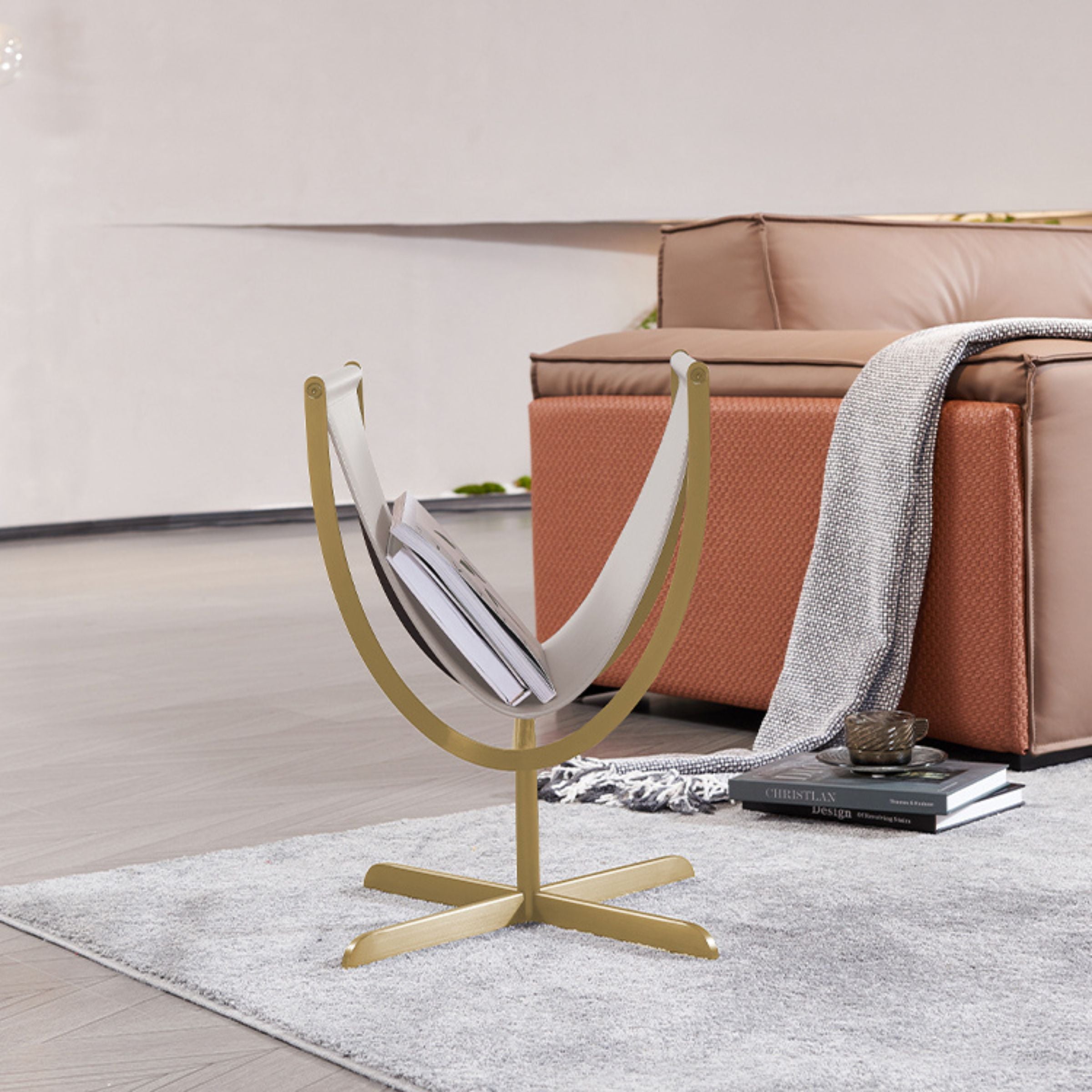 Gold brushed saddle leather & stainless steel Side Table MLL-D74-Beige - Side Tables - ebarza Furniture UAE | Shop Modern Furniture in Abu Dhabi & Dubai - مفروشات ايبازرا في الامارات | تسوق اثاث عصري وديكورات مميزة في دبي وابوظبي