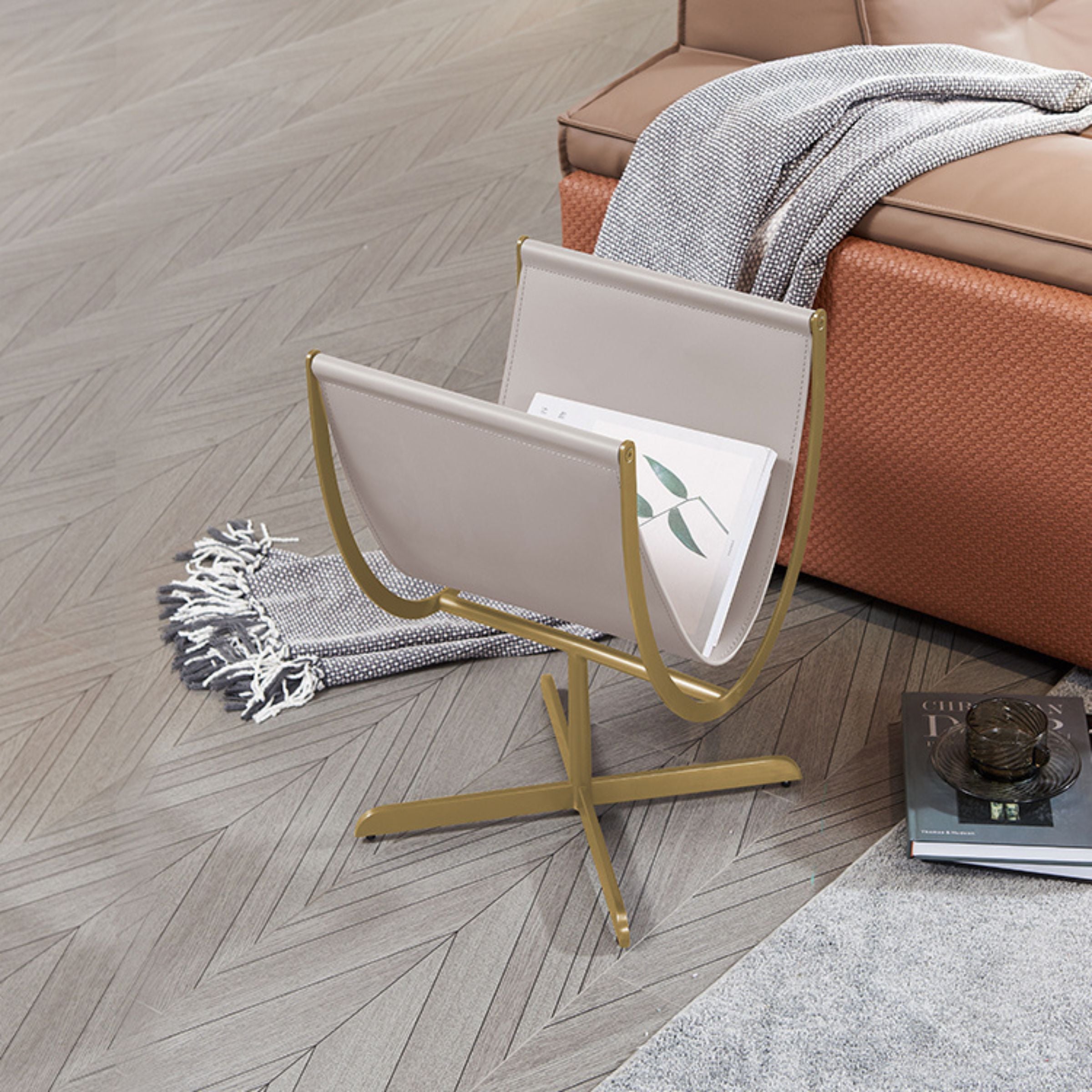 Gold brushed saddle leather & stainless steel Side Table MLL-D74-Beige - Side Tables - ebarza Furniture UAE | Shop Modern Furniture in Abu Dhabi & Dubai - مفروشات ايبازرا في الامارات | تسوق اثاث عصري وديكورات مميزة في دبي وابوظبي