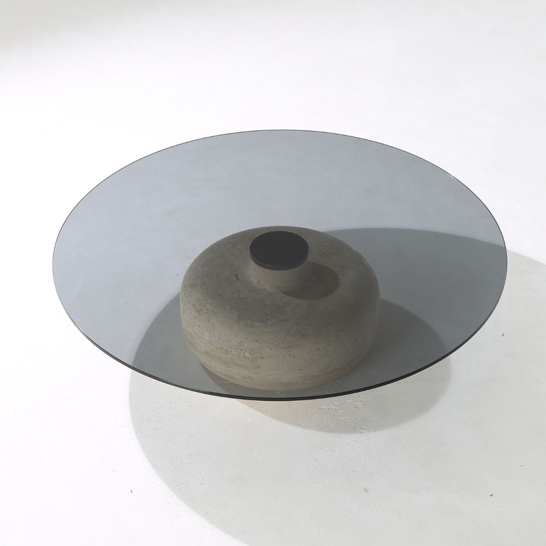 Minimal Grey Glass & Travatine Marble Round Coffee Table CT8683-SG-NEW - Coffee tables - ebarza Furniture UAE | Shop Modern Furniture in Abu Dhabi & Dubai - مفروشات ايبازرا في الامارات | تسوق اثاث عصري وديكورات مميزة في دبي وابوظبي