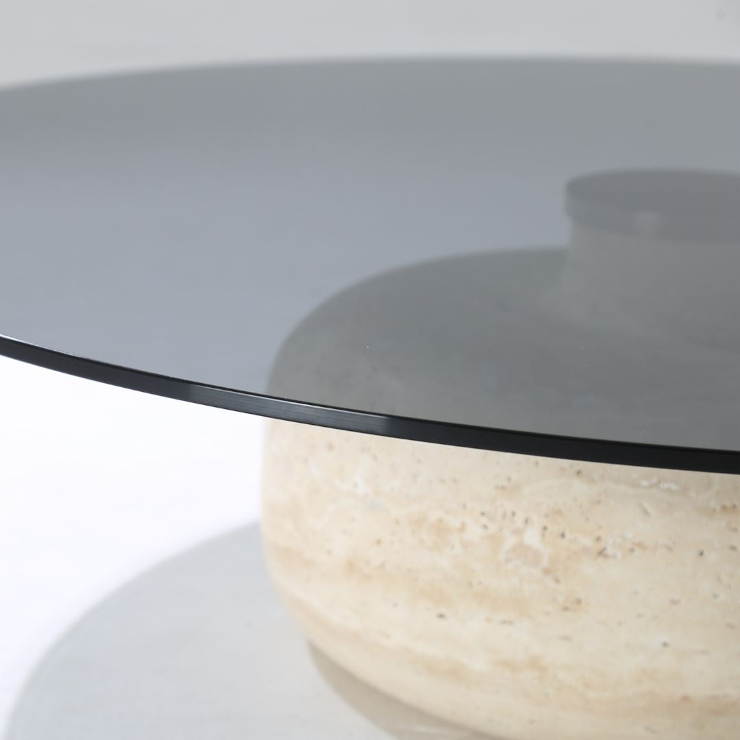 Minimal Grey Glass & Travatine Marble Round Coffee Table CT8683-SG-NEW - Coffee tables - ebarza Furniture UAE | Shop Modern Furniture in Abu Dhabi & Dubai - مفروشات ايبازرا في الامارات | تسوق اثاث عصري وديكورات مميزة في دبي وابوظبي