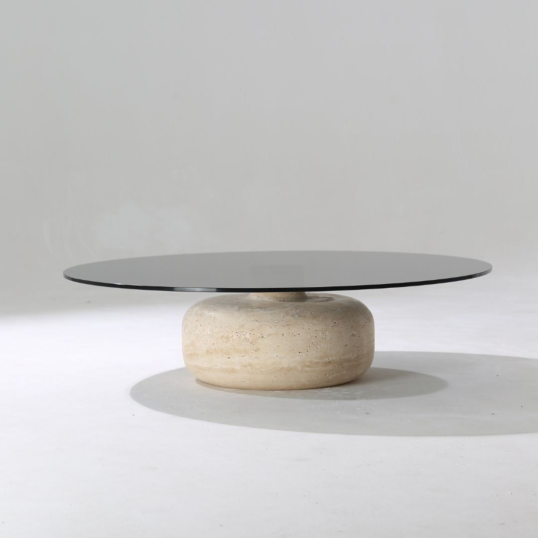 Minimal Grey Glass & Travatine Marble Round Coffee Table CT8683-SG-NEW - Coffee tables - ebarza Furniture UAE | Shop Modern Furniture in Abu Dhabi & Dubai - مفروشات ايبازرا في الامارات | تسوق اثاث عصري وديكورات مميزة في دبي وابوظبي
