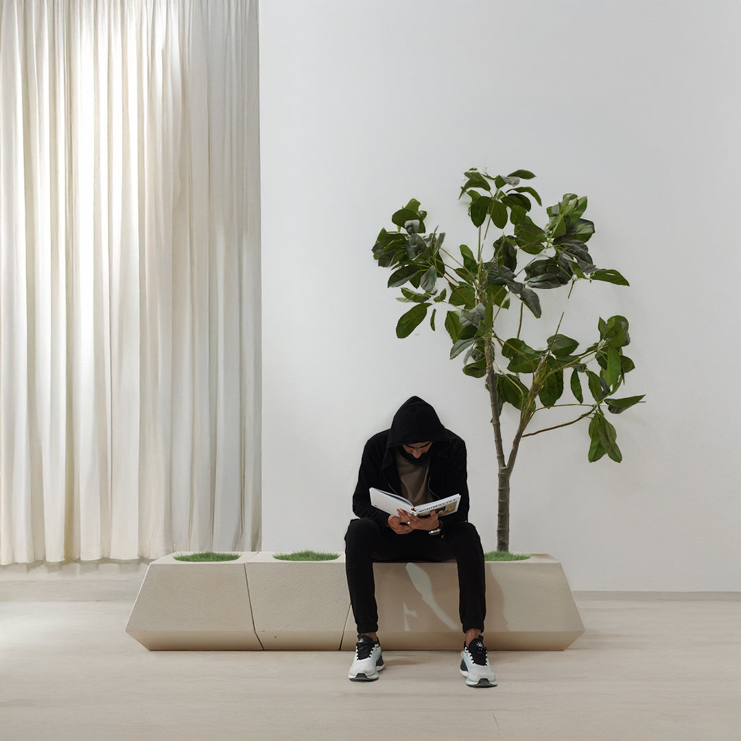 Set Of 3 Outdoor/Indoor Fiberglass Concrete Planter Box And Bench Xk-5040A+B+C - Beige - Planter Boxes - ebarza Furniture UAE | Shop Modern Furniture in Abu Dhabi & Dubai - مفروشات ايبازرا في الامارات | تسوق اثاث عصري وديكورات مميزة في دبي وابوظبي