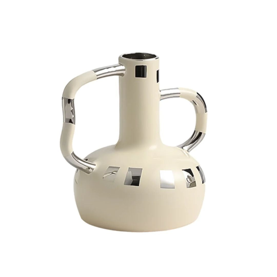 Rhythm Surround White & Silver Ceramic Bud Vase With Handle Detail -B FD-D24054B - Vases - ebarza Furniture UAE | Shop Modern Furniture in Abu Dhabi & Dubai - مفروشات ايبازرا في الامارات | تسوق اثاث عصري وديكورات مميزة في دبي وابوظبي