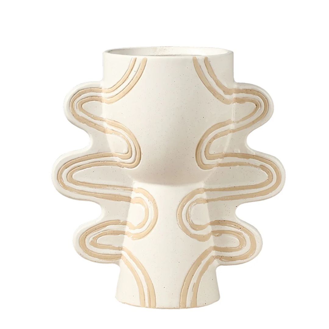Tribal Civilization White & Beige Ceramic Vase With Handle Detail -B FD-D24055B - Vases - ebarza Furniture UAE | Shop Modern Furniture in Abu Dhabi & Dubai - مفروشات ايبازرا في الامارات | تسوق اثاث عصري وديكورات مميزة في دبي وابوظبي