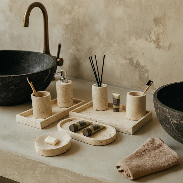8 Pieces Yellow Travertine Ebarza Bathroom Set - YWB - Bathroom Accessories - ebarza Furniture UAE | Shop Modern Furniture in Abu Dhabi & Dubai - مفروشات ايبازرا في الامارات | تسوق اثاث عصري وديكورات مميزة في دبي وابوظبي