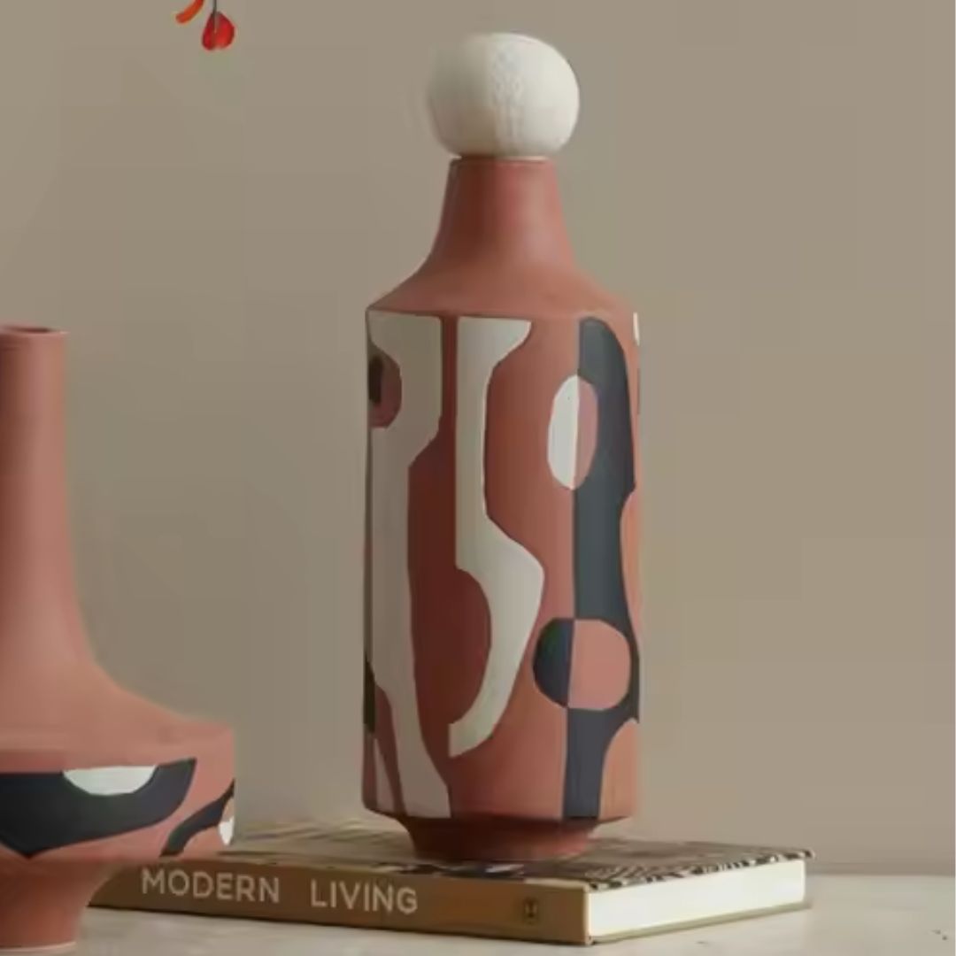 Black And White Painted Red Hand-Painted Ceramic Vase-A FD-D25054A - Vases - ebarza Furniture UAE | Shop Modern Furniture in Abu Dhabi & Dubai - مفروشات ايبازرا في الامارات | تسوق اثاث عصري وديكورات مميزة في دبي وابوظبي