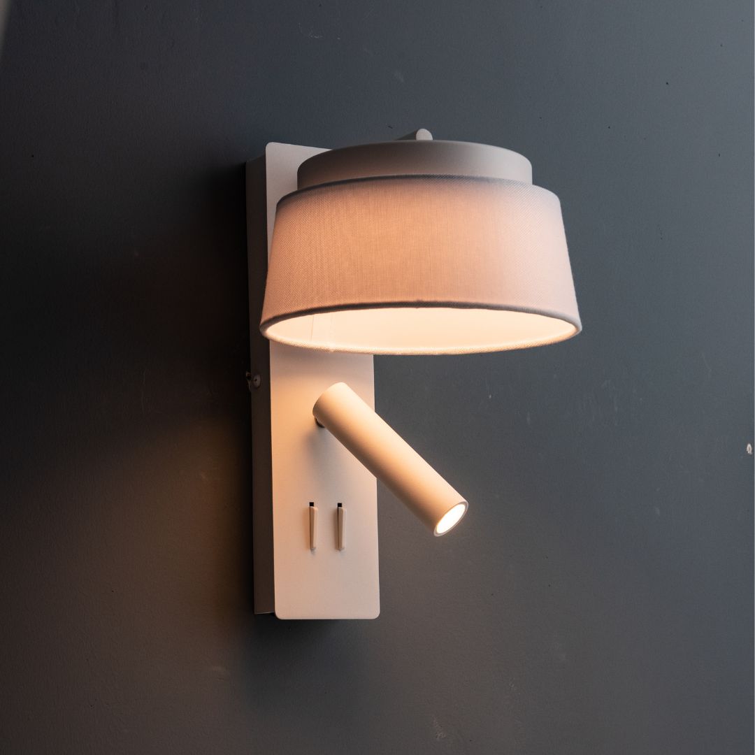 Calm Hotel Style Headboard/ Wall Reading Lamp Calm-WLB)-01 FI White+Grey linen shade - Wall Lamps - ebarza Furniture UAE | Shop Modern Furniture in Abu Dhabi & Dubai - مفروشات ايبازرا في الامارات | تسوق اثاث عصري وديكورات مميزة في دبي وابوظبي