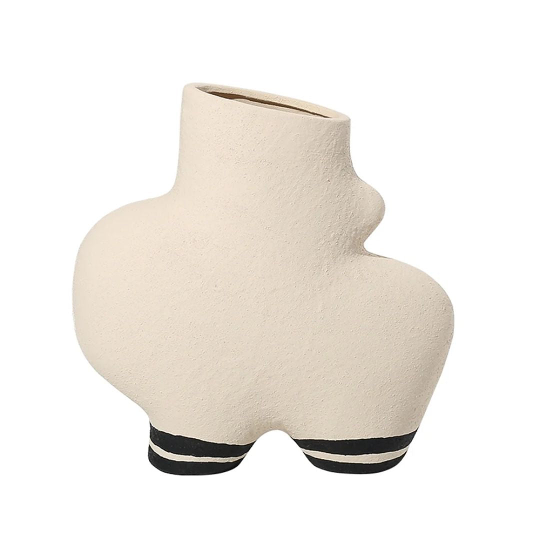 Cream Ceramic Vase With Black Stripe Detail FA-D22123 - Vases - ebarza Furniture UAE | Shop Modern Furniture in Abu Dhabi & Dubai - مفروشات ايبازرا في الامارات | تسوق اثاث عصري وديكورات مميزة في دبي وابوظبي