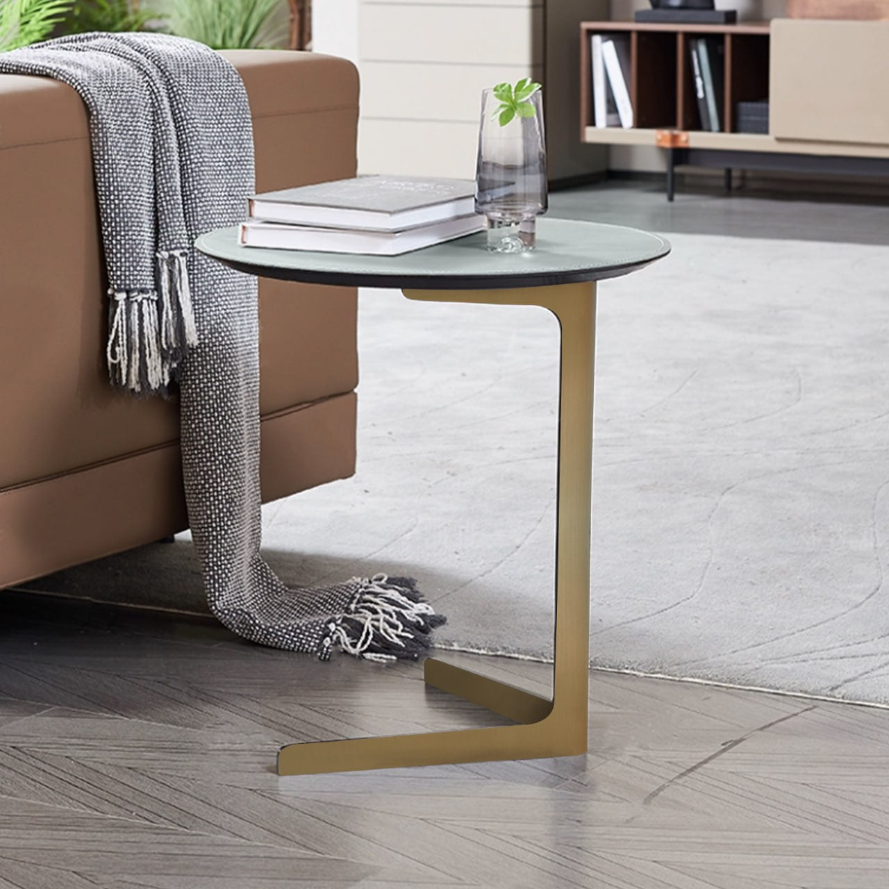 Golden Legs Saddle Leather Side Table MLL-D75/G - Side Tables - ebarza Furniture UAE | Shop Modern Furniture in Abu Dhabi & Dubai - مفروشات ايبازرا في الامارات | تسوق اثاث عصري وديكورات مميزة في دبي وابوظبي