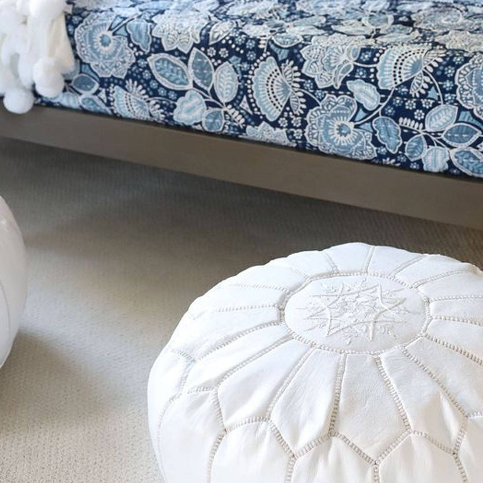 Handmade Genuine Leather Moroccan Style Pouf Morocco-White - Poufs - ebarza Furniture UAE | Shop Modern Furniture in Abu Dhabi & Dubai - مفروشات ايبازرا في الامارات | تسوق اثاث عصري وديكورات مميزة في دبي وابوظبي