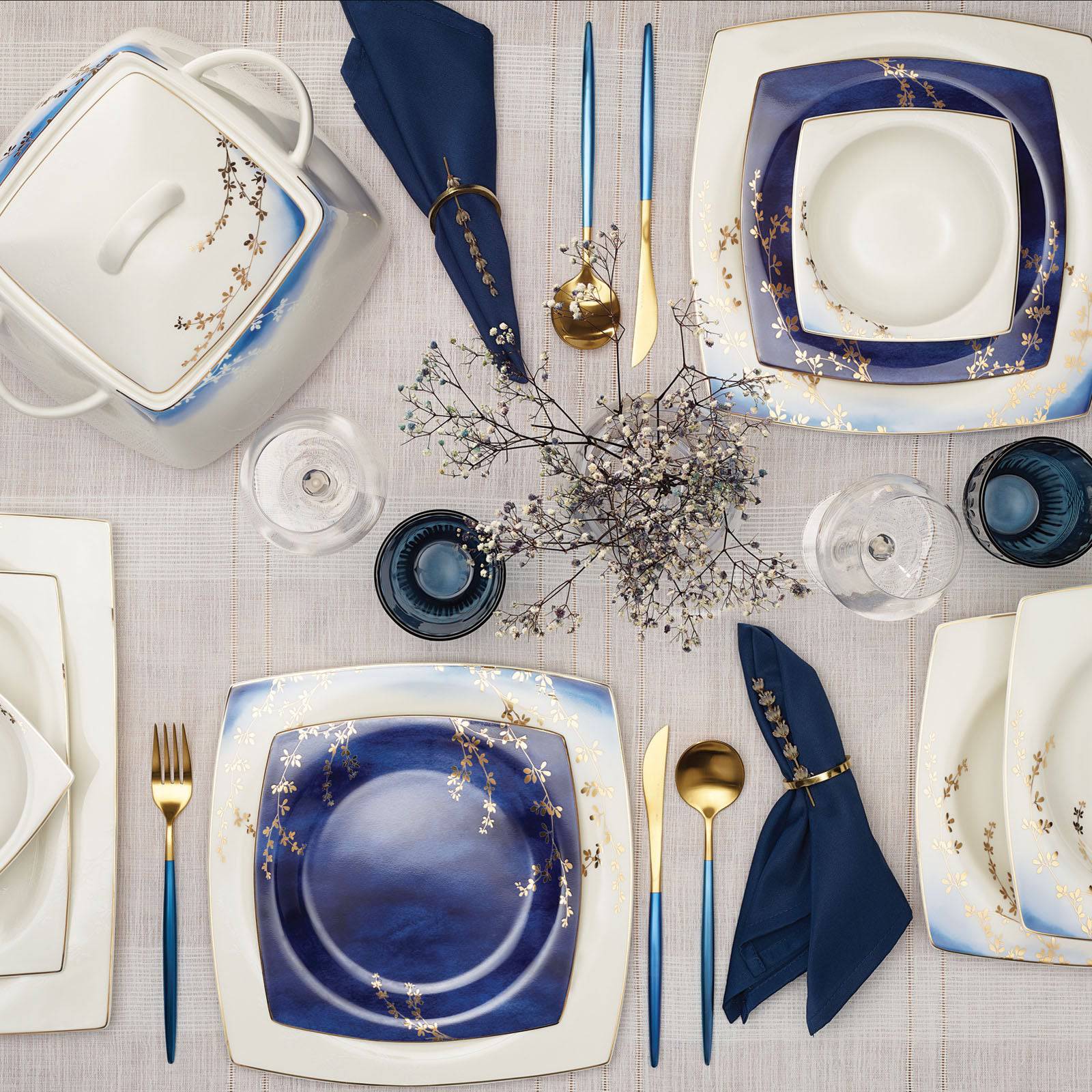 Karaca Fine Bone Blue Blush 60 Pieces Dinner Set For 12 People Square 153.03.08.0140 - Dinnerware Sets - ebarza Furniture UAE | Shop Modern Furniture in Abu Dhabi & Dubai - مفروشات ايبازرا في الامارات | تسوق اثاث عصري وديكورات مميزة في دبي وابوظبي
