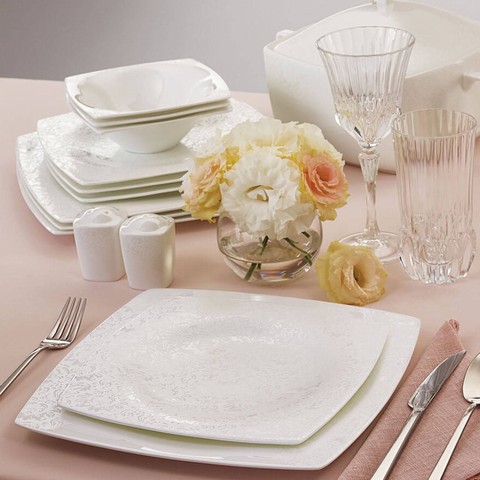 Karaca Fine Pearl Helen 62 Pieces 12 Seater Pearl Dinner Set Square 153.03.07.5678 - Dinnerware Sets - ebarza Furniture UAE | Shop Modern Furniture in Abu Dhabi & Dubai - مفروشات ايبازرا في الامارات | تسوق اثاث عصري وديكورات مميزة في دبي وابوظبي