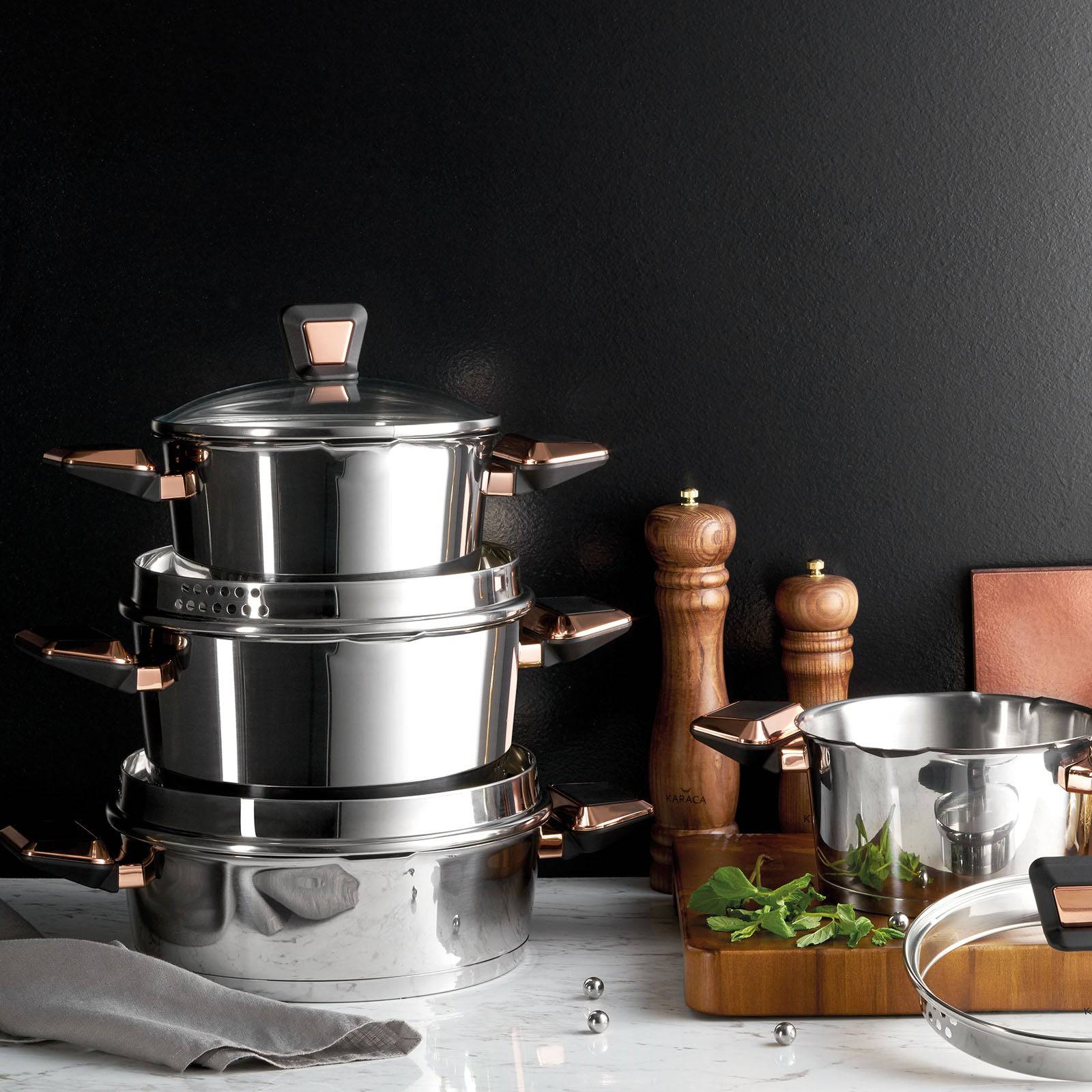 Karaca Kobe Powersteel 316 Steel 8 Piece Cookware Set 153.03.07.8260 - Cookware Sets - ebarza Furniture UAE | Shop Modern Furniture in Abu Dhabi & Dubai - مفروشات ايبازرا في الامارات | تسوق اثاث عصري وديكورات مميزة في دبي وابوظبي