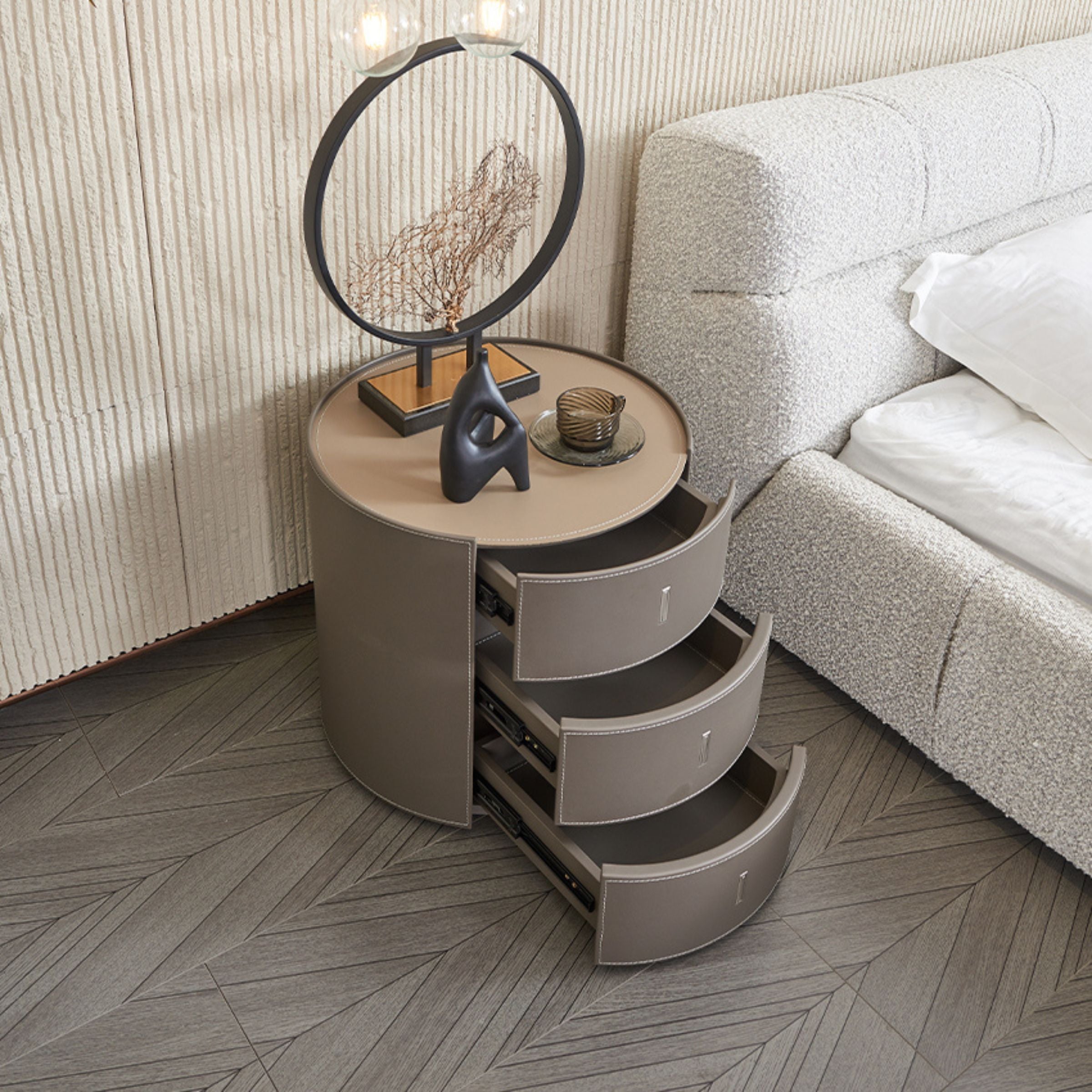 Pre-order 35 Days Delivery - Verona Grey Walnut Veneer Saddle Leather Cabinet MLL-T98 - Side Tables - ebarza Furniture UAE | Shop Modern Furniture in Abu Dhabi & Dubai - مفروشات ايبازرا في الامارات | تسوق اثاث عصري وديكورات مميزة في دبي وابوظبي