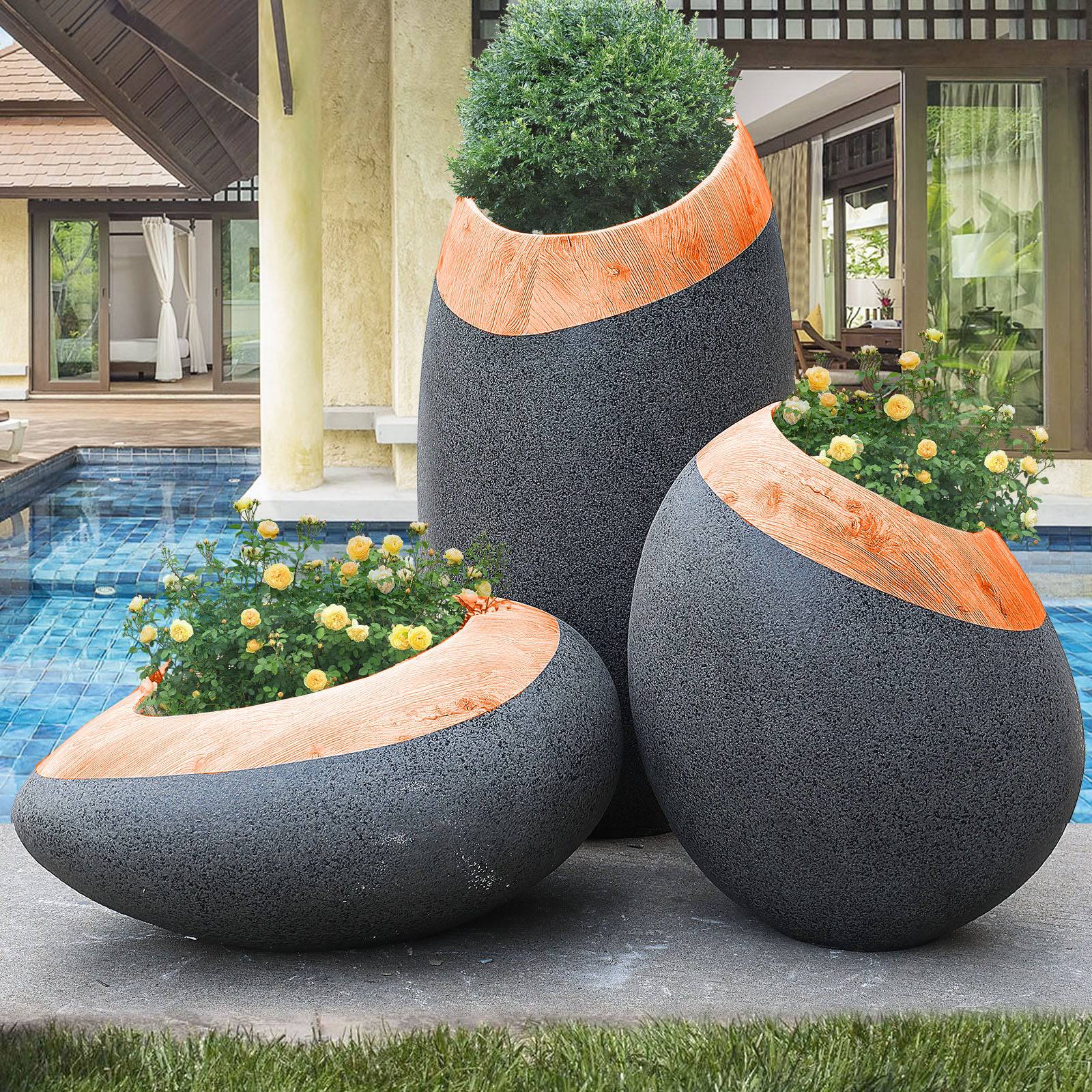 Set Of 3 Outdoor/Indoor Fiberglass Concrete Planter Box Xk-5010A+B+C - Planter Boxes - ebarza Furniture UAE | Shop Modern Furniture in Abu Dhabi & Dubai - مفروشات ايبازرا في الامارات | تسوق اثاث عصري وديكورات مميزة في دبي وابوظبي