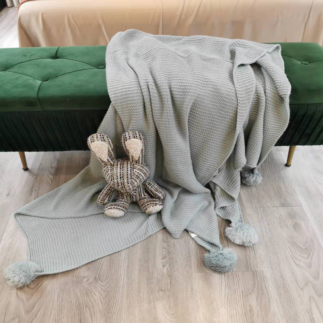 Four Corner Pompom Blue Blanket TD2016-BL - Blankets - ebarza Furniture UAE | Shop Modern Furniture in Abu Dhabi & Dubai - مفروشات ايبازرا في الامارات | تسوق اثاث عصري وديكورات مميزة في دبي وابوظبي