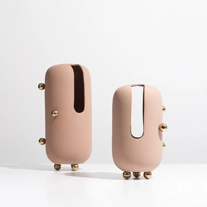 Blush Ceramic Vase With Gold Stainless Steel Detail Fd-D22064A - Vases - ebarza Furniture UAE | Shop Modern Furniture in Abu Dhabi & Dubai - مفروشات ايبازرا في الامارات | تسوق اثاث عصري وديكورات مميزة في دبي وابوظبي