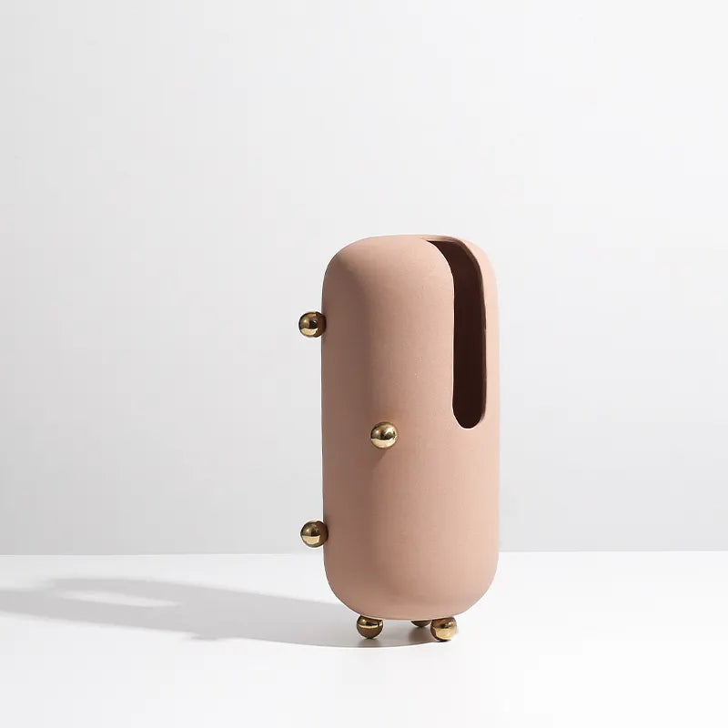 Blush Ceramic Vase With Gold Stainless Steel Detail Fd-D22064A - Vases - ebarza Furniture UAE | Shop Modern Furniture in Abu Dhabi & Dubai - مفروشات ايبازرا في الامارات | تسوق اثاث عصري وديكورات مميزة في دبي وابوظبي