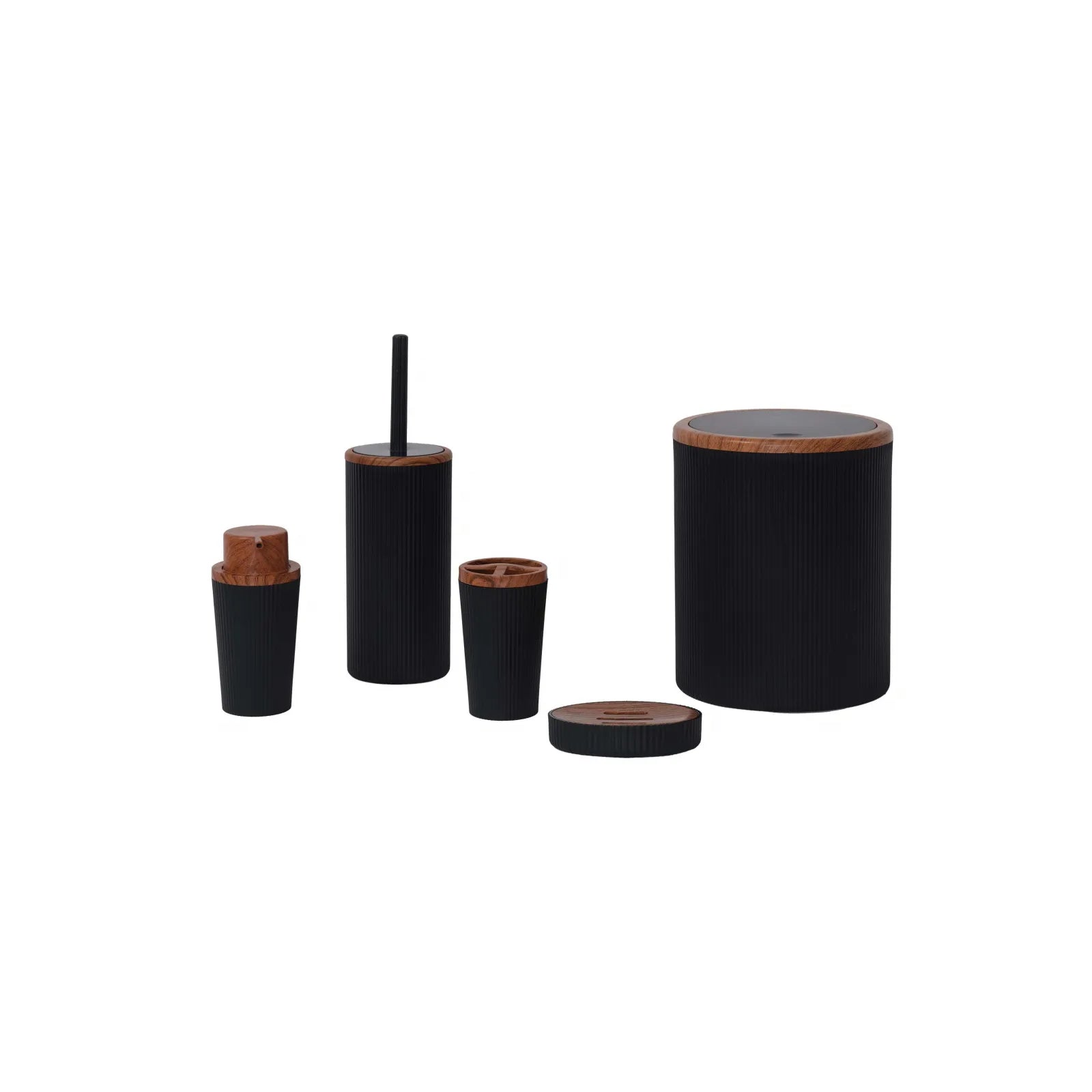 Karaca Home Marcello Wooden Look Detailed 5 Piece Bathroom Accessory Set Black 300.22.02.0830 - Bathroom Accessories - ebarza Furniture UAE | Shop Modern Furniture in Abu Dhabi & Dubai - مفروشات ايبازرا في الامارات | تسوق اثاث عصري وديكورات مميزة في دبي وابوظبي