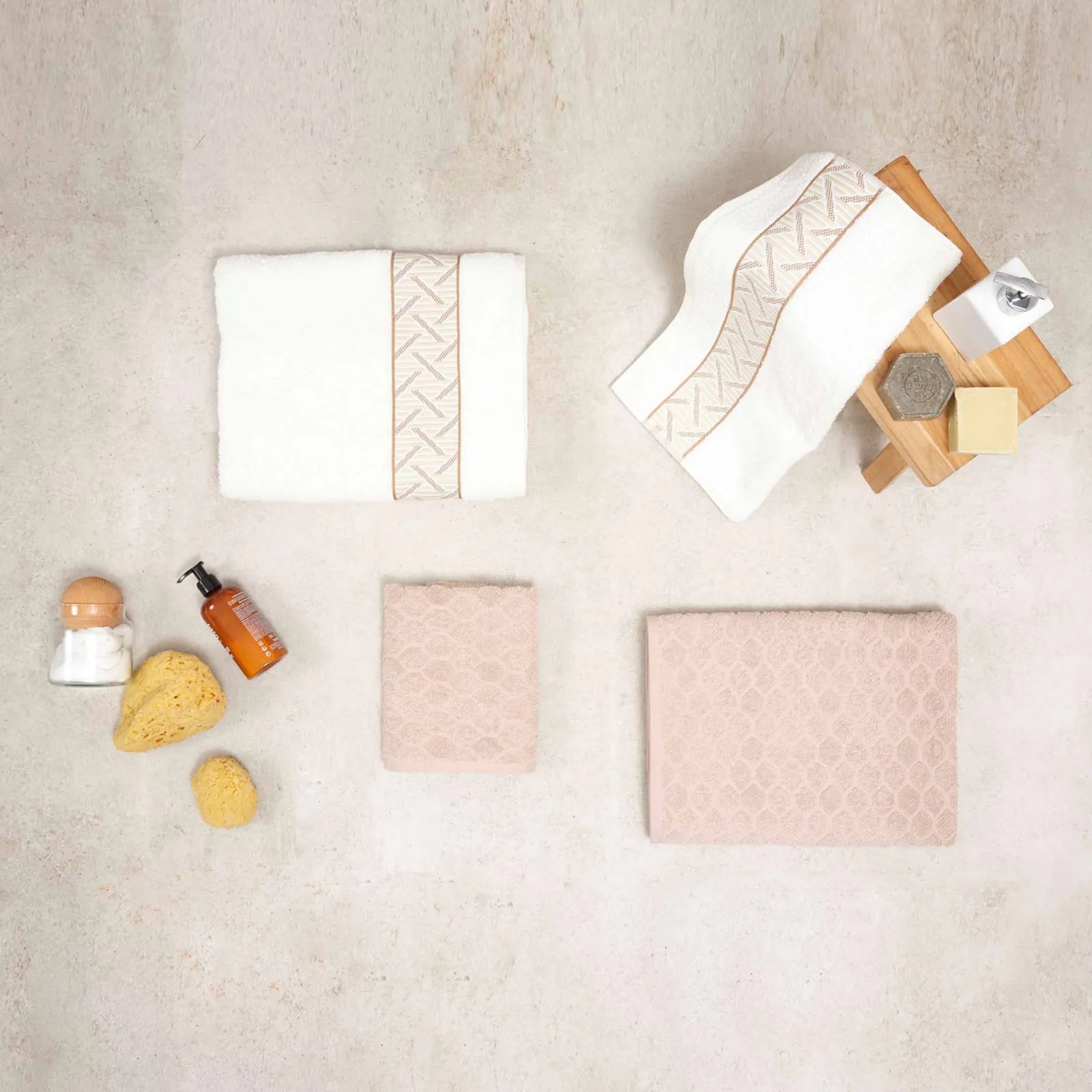 Karaca Home Mencia Offwhite-Beige 100% Cotton Bath Set 200.20.01.0715 - Towels - ebarza Furniture UAE | Shop Modern Furniture in Abu Dhabi & Dubai - مفروشات ايبازرا في الامارات | تسوق اثاث عصري وديكورات مميزة في دبي وابوظبي