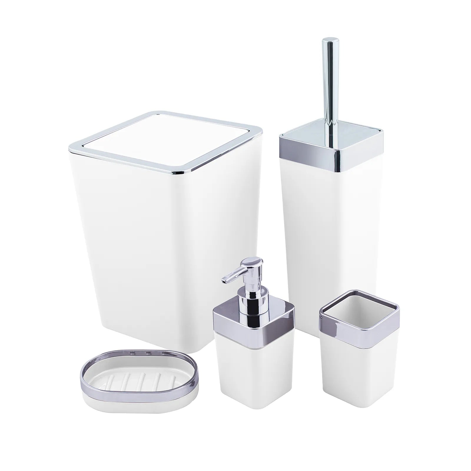 Karaca Home White/Silver 5 Piece Square Bathroom Set 300.21.02.0025 - Bathroom Accessories - ebarza Furniture UAE | Shop Modern Furniture in Abu Dhabi & Dubai - مفروشات ايبازرا في الامارات | تسوق اثاث عصري وديكورات مميزة في دبي وابوظبي