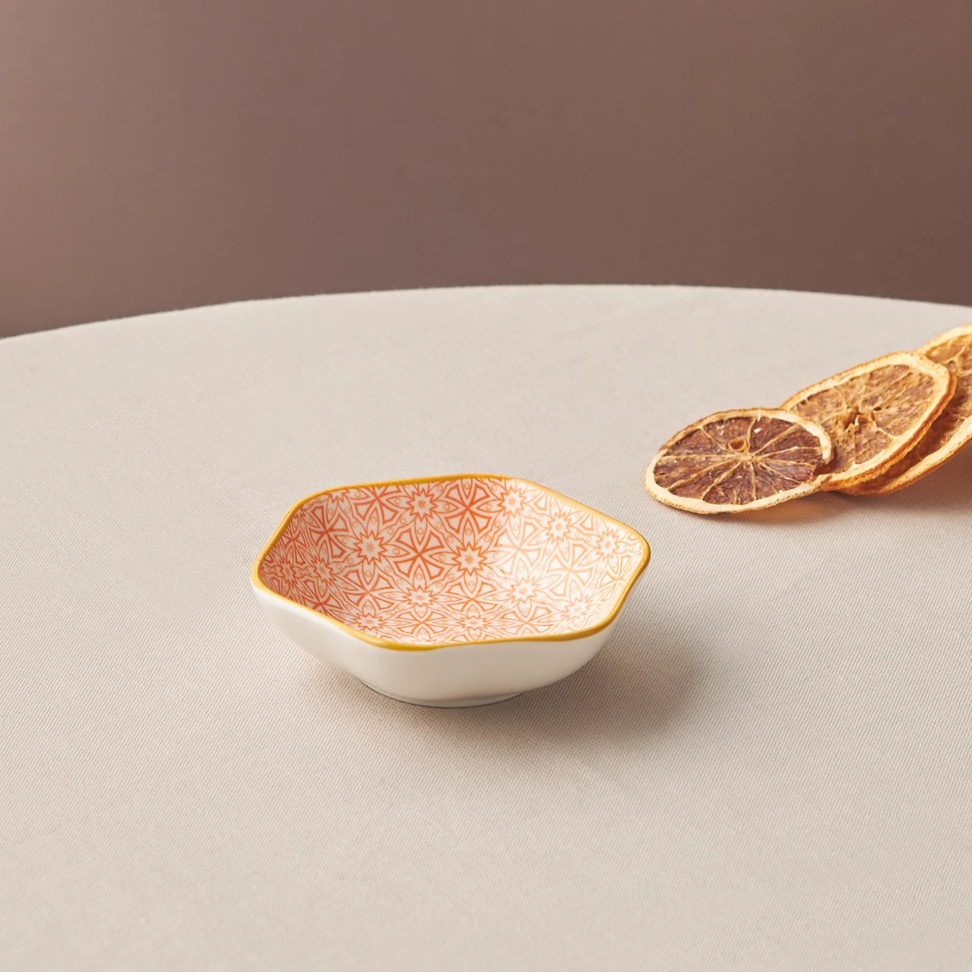 Pre-order 25 Days Delivery - Karaca Floral Orange Hexagon Snack Plate 10 cm 153.03.08.2985 -  Bowls - ebarza Furniture UAE | Shop Modern Furniture in Abu Dhabi & Dubai - مفروشات ايبازرا في الامارات | تسوق اثاث عصري وديكورات مميزة في دبي وابوظبي