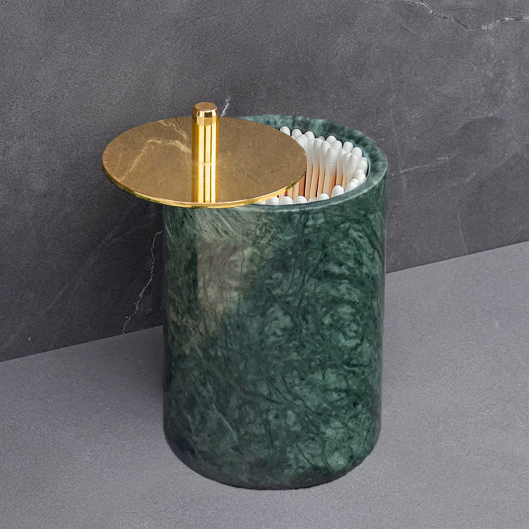 Indian Green Marble Round Cotton Swab Jar (bright gold lid) CBJ840-6 -  Bathroom Accessories - ebarza Furniture UAE | Shop Modern Furniture in Abu Dhabi & Dubai - مفروشات ايبازرا في الامارات | تسوق اثاث عصري وديكورات مميزة في دبي وابوظبي