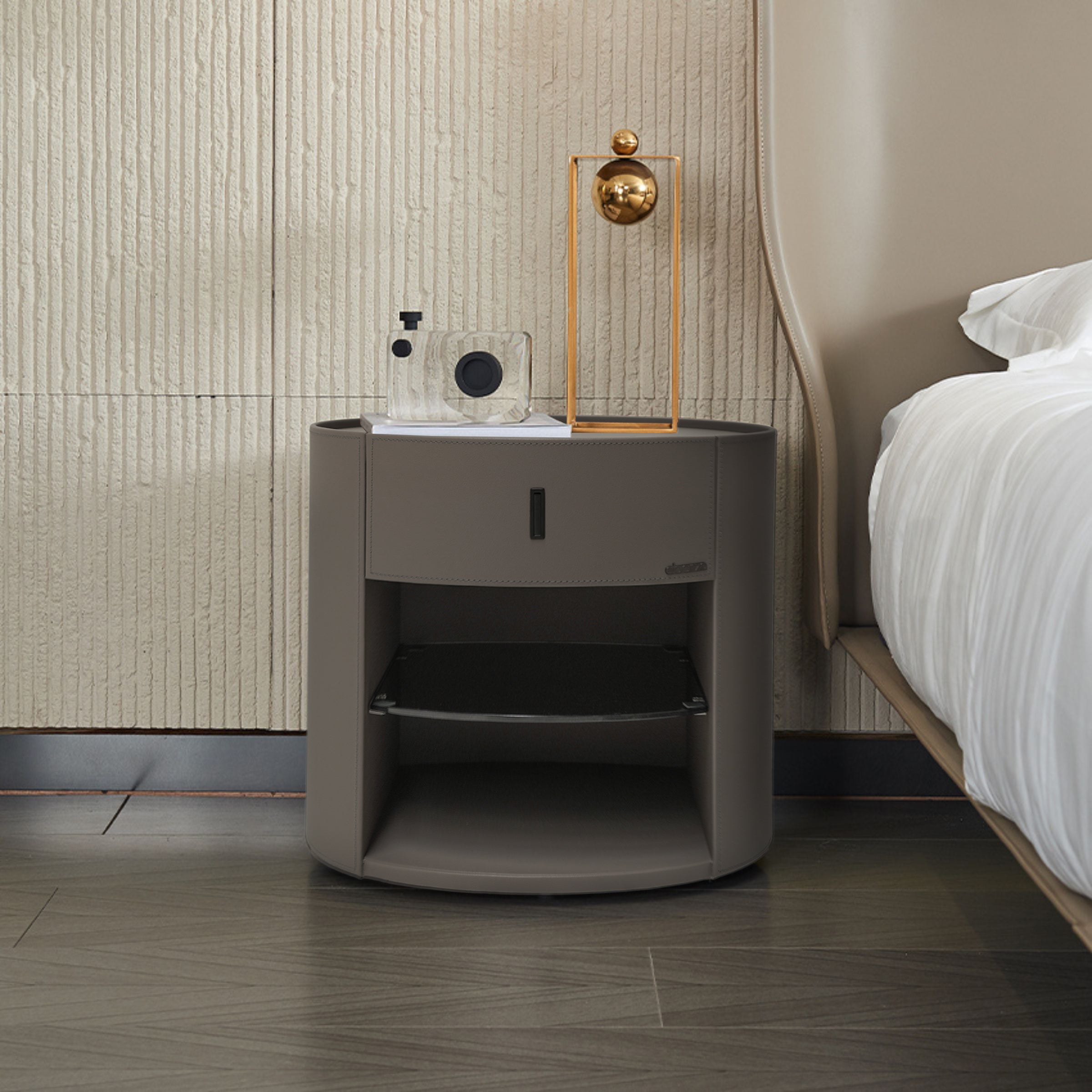 Grey Saddle Leather Cabinet / Bedside Table MLL-T65/BA-03 -  Side Tables - ebarza Furniture UAE | Shop Modern Furniture in Abu Dhabi & Dubai - مفروشات ايبازرا في الامارات | تسوق اثاث عصري وديكورات مميزة في دبي وابوظبي