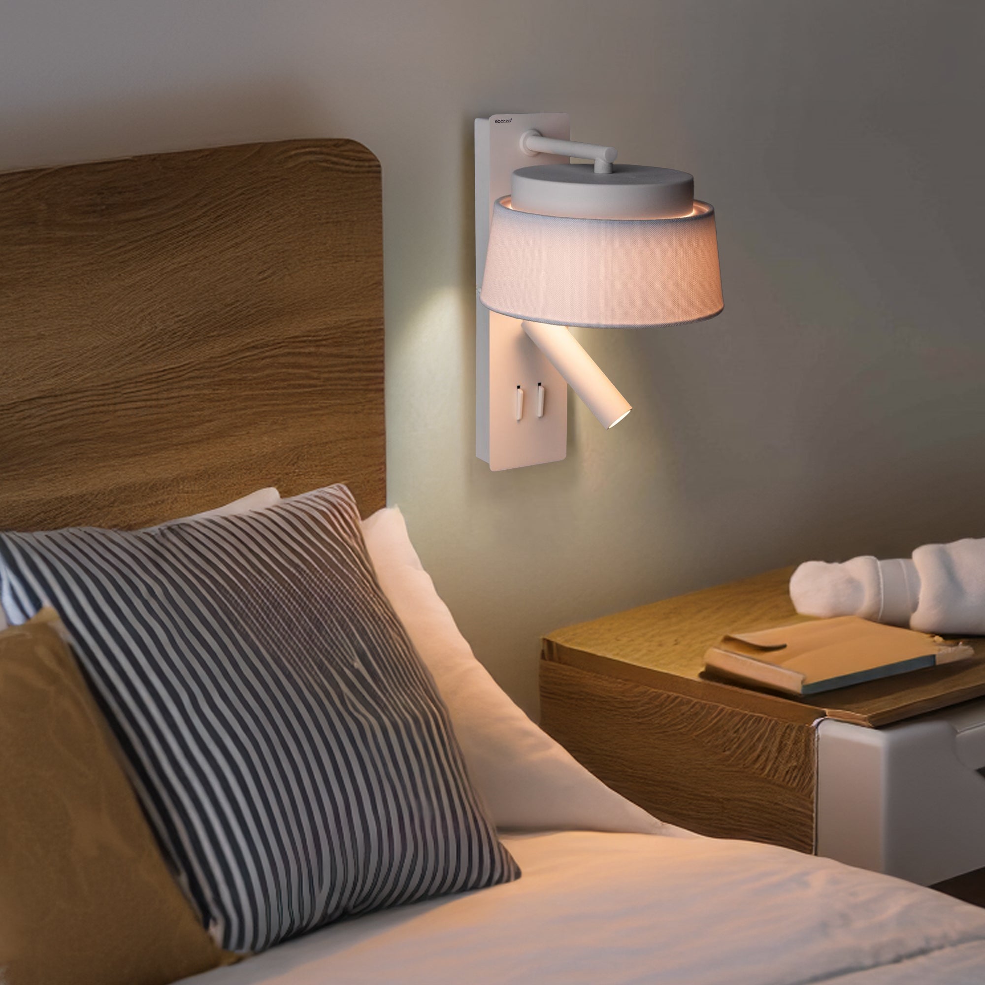 Calm Hotel Style Headboard/ Wall Reading Lamp Calm-WLB)-01U White+Grey linen shade -  Wall Lamps | مصباح كالم فندق نمط اللوح الأمامي / مصباح القراءة الجدار - ebarza Furniture UAE | Shop Modern Furniture in Abu Dhabi & Dubai - مفروشات ايبازرا في الامارات | تسوق اثاث عصري وديكورات مميزة في دبي وابوظبي