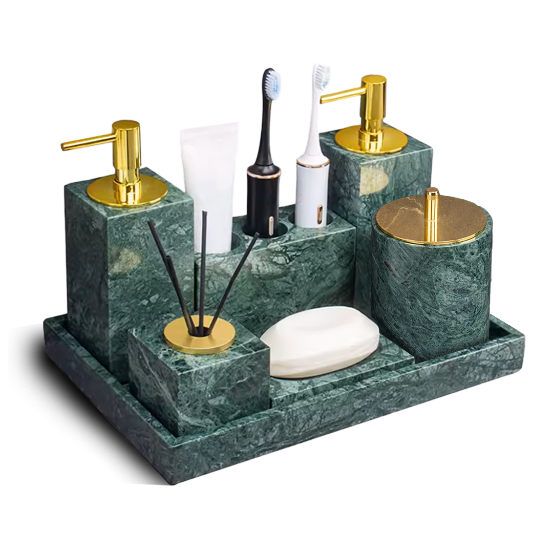 Indian Green Marble Round Cotton Swab Jar (bright gold lid) CBJ840-6 -  Bathroom Accessories - ebarza Furniture UAE | Shop Modern Furniture in Abu Dhabi & Dubai - مفروشات ايبازرا في الامارات | تسوق اثاث عصري وديكورات مميزة في دبي وابوظبي