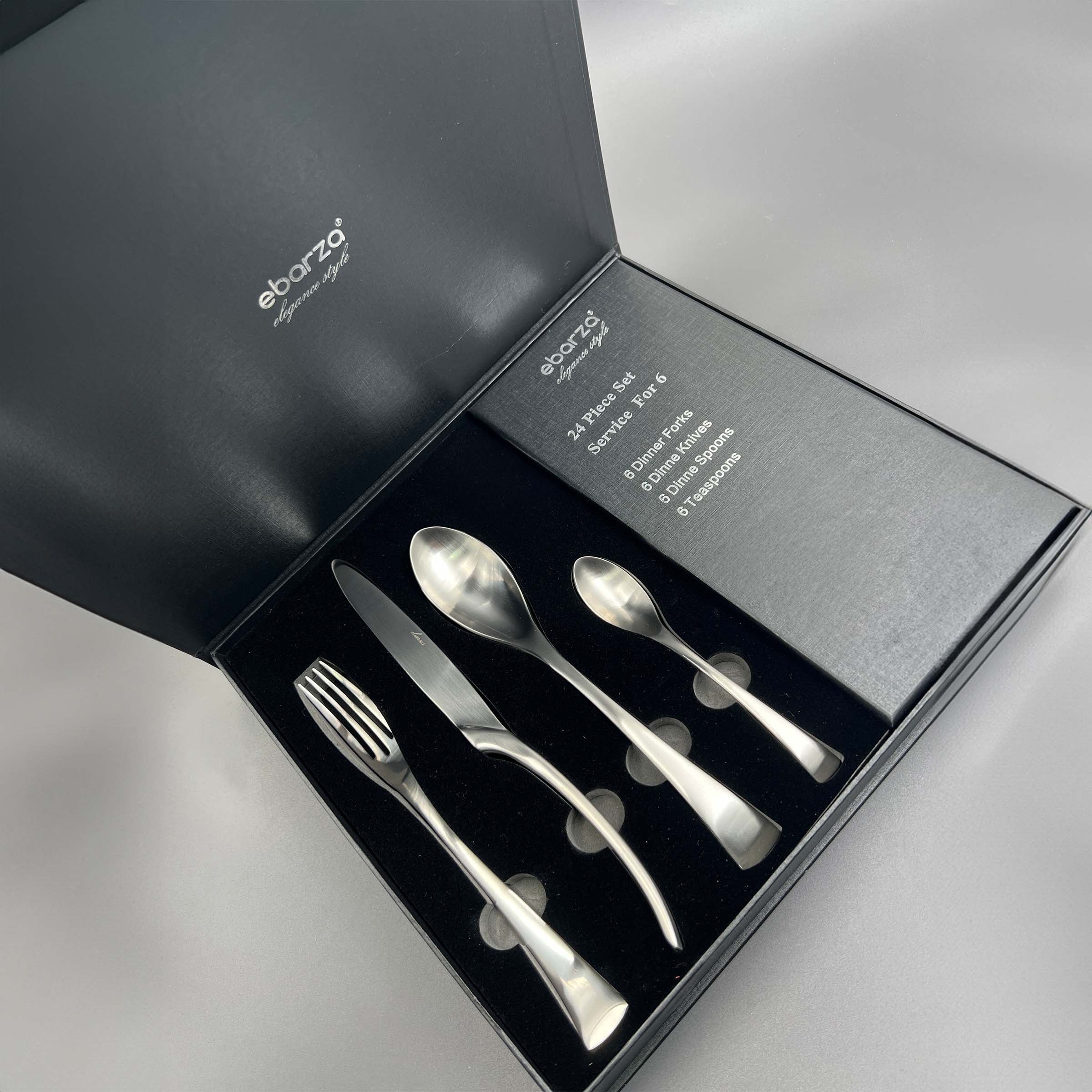 Refined Curves Set of  24 pcs Matte Silver Cutlery Set  8034 -  Cutlery Sets | طقم أدوات مائدة كيرفز راقية مكون من 24 قطعة باللون الفضي غير اللامع - ebarza Furniture UAE | Shop Modern Furniture in Abu Dhabi & Dubai - مفروشات ايبازرا في الامارات | تسوق اثاث عصري وديكورات مميزة في دبي وابوظبي