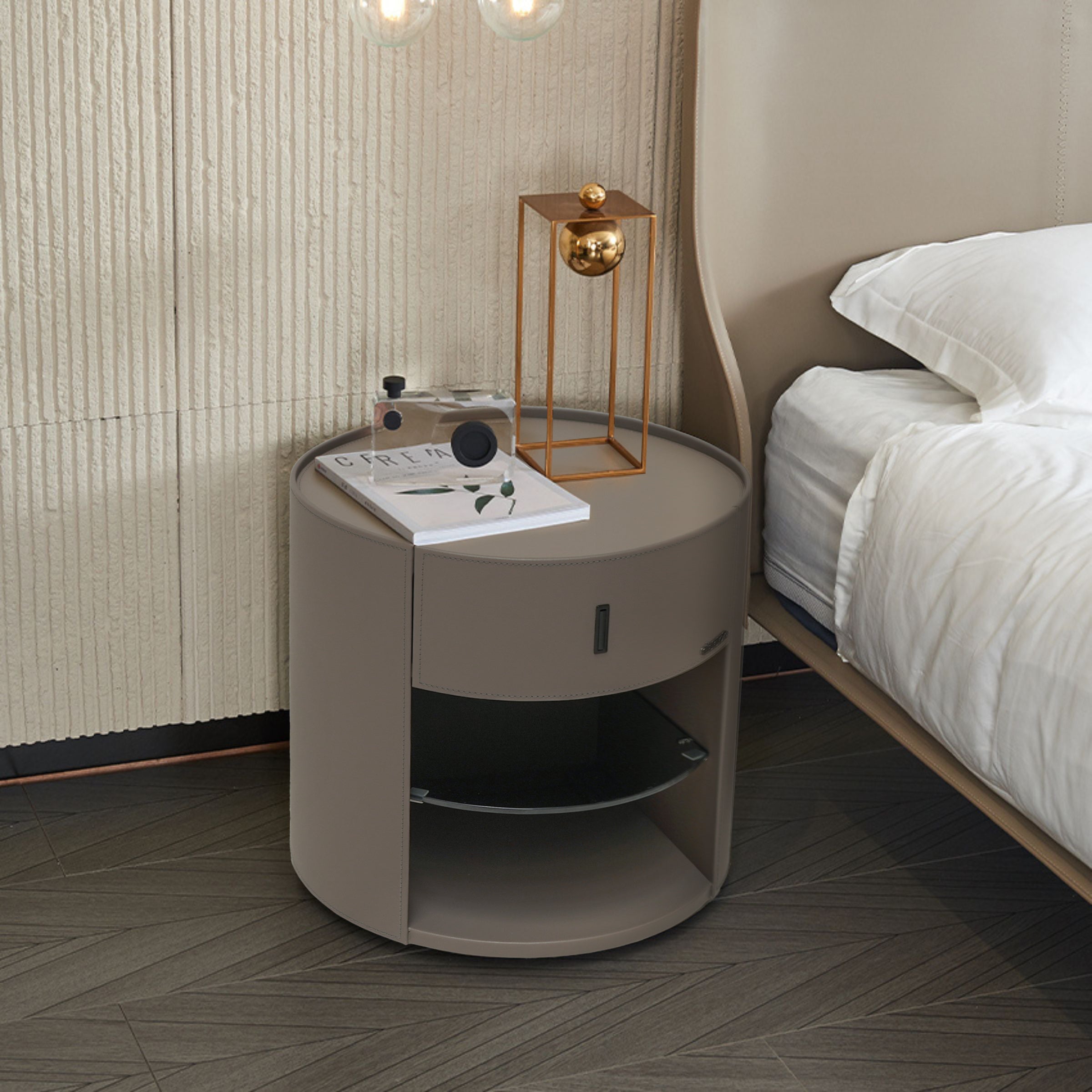 Grey Saddle Leather Cabinet / Bedside Table MLL-T65/BA-03 -  Side Tables - ebarza Furniture UAE | Shop Modern Furniture in Abu Dhabi & Dubai - مفروشات ايبازرا في الامارات | تسوق اثاث عصري وديكورات مميزة في دبي وابوظبي