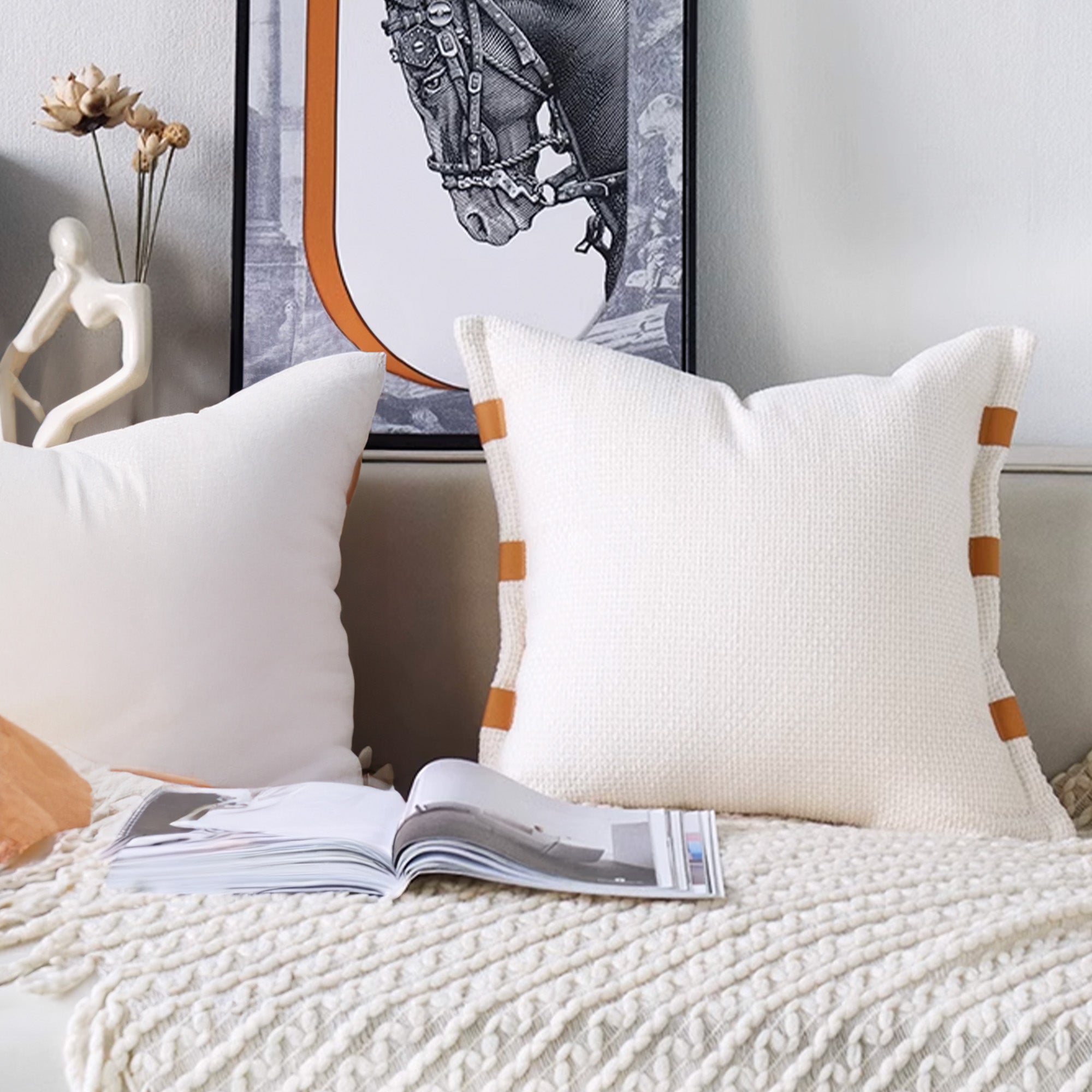 45x45 cm White Edge Leather Cushion KD2352 -White/caramel -  Cushions - ebarza Furniture UAE | Shop Modern Furniture in Abu Dhabi & Dubai - مفروشات ايبازرا في الامارات | تسوق اثاث عصري وديكورات مميزة في دبي وابوظبي