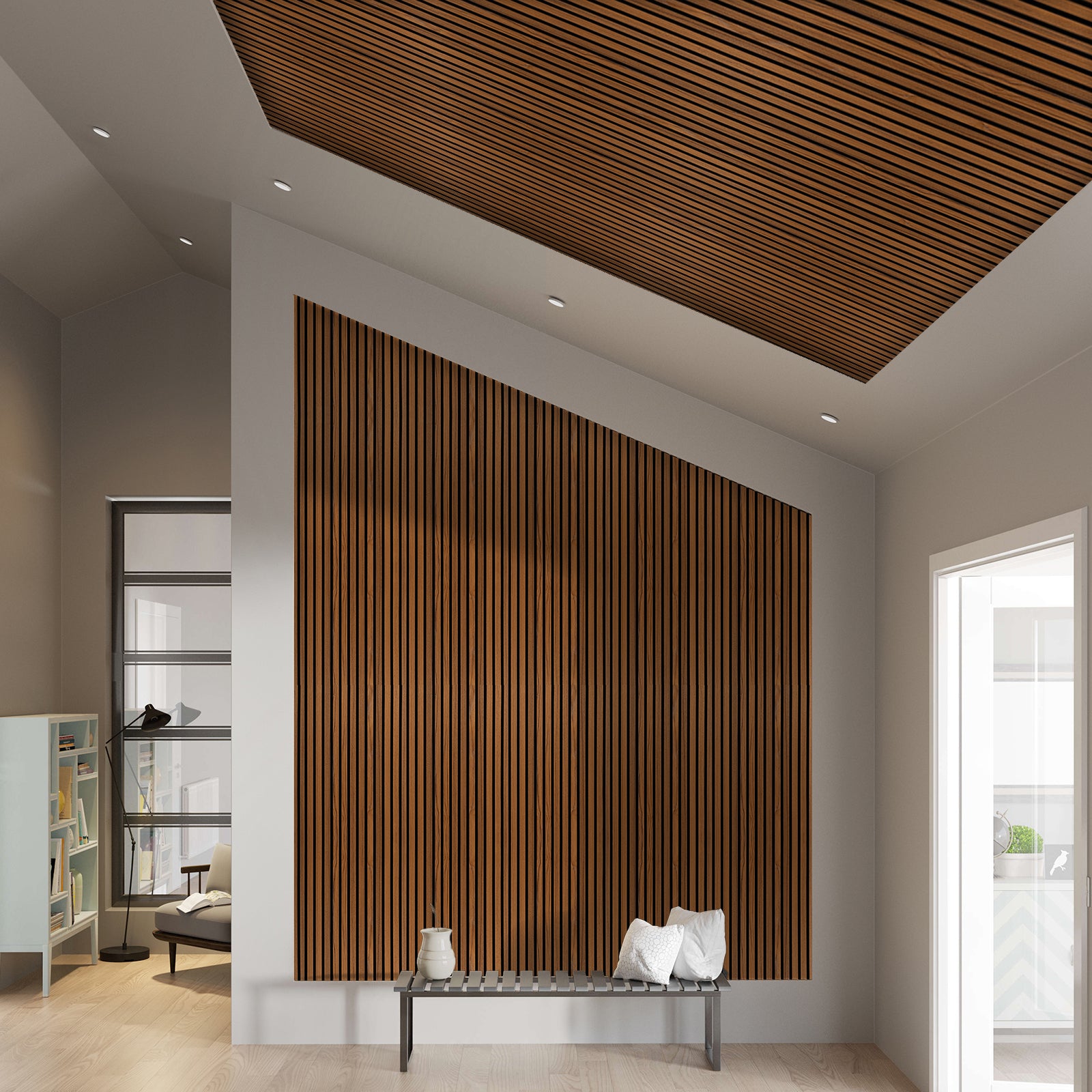 Slat Acoustic Panel 35-15mm Fire Retardant 300x60x2.1cm Walnut-Oak002 -  Wall Panels - ebarza Furniture UAE | Shop Modern Furniture in Abu Dhabi & Dubai - مفروشات ايبازرا في الامارات | تسوق اثاث عصري وديكورات مميزة في دبي وابوظبي