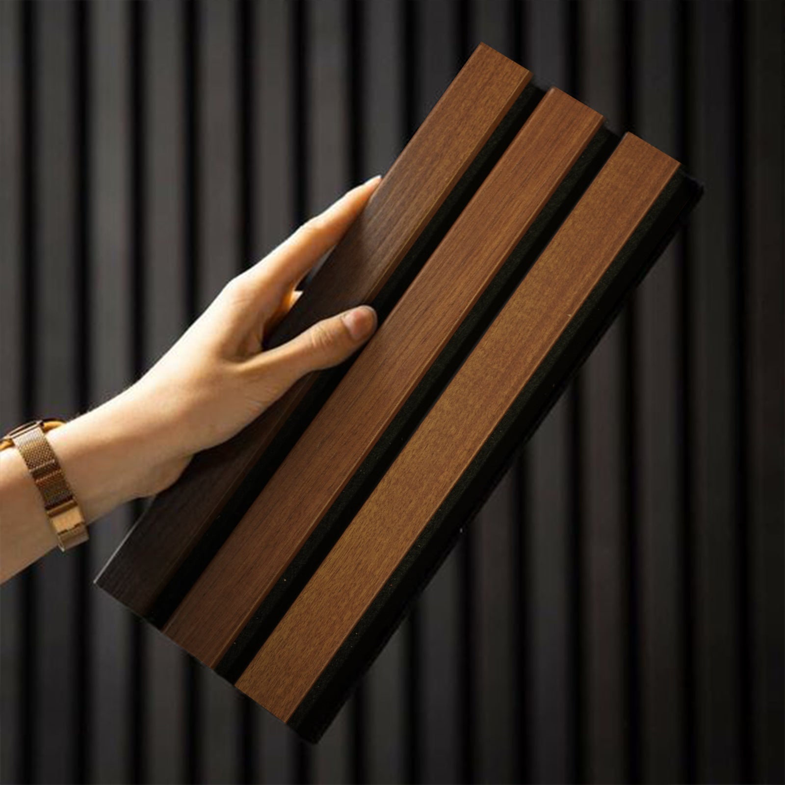 Slat Acoustic Panel 35-15mm Fire Retardant 300x60x2.1cm Walnut-Oak002 -  Wall Panels - ebarza Furniture UAE | Shop Modern Furniture in Abu Dhabi & Dubai - مفروشات ايبازرا في الامارات | تسوق اثاث عصري وديكورات مميزة في دبي وابوظبي