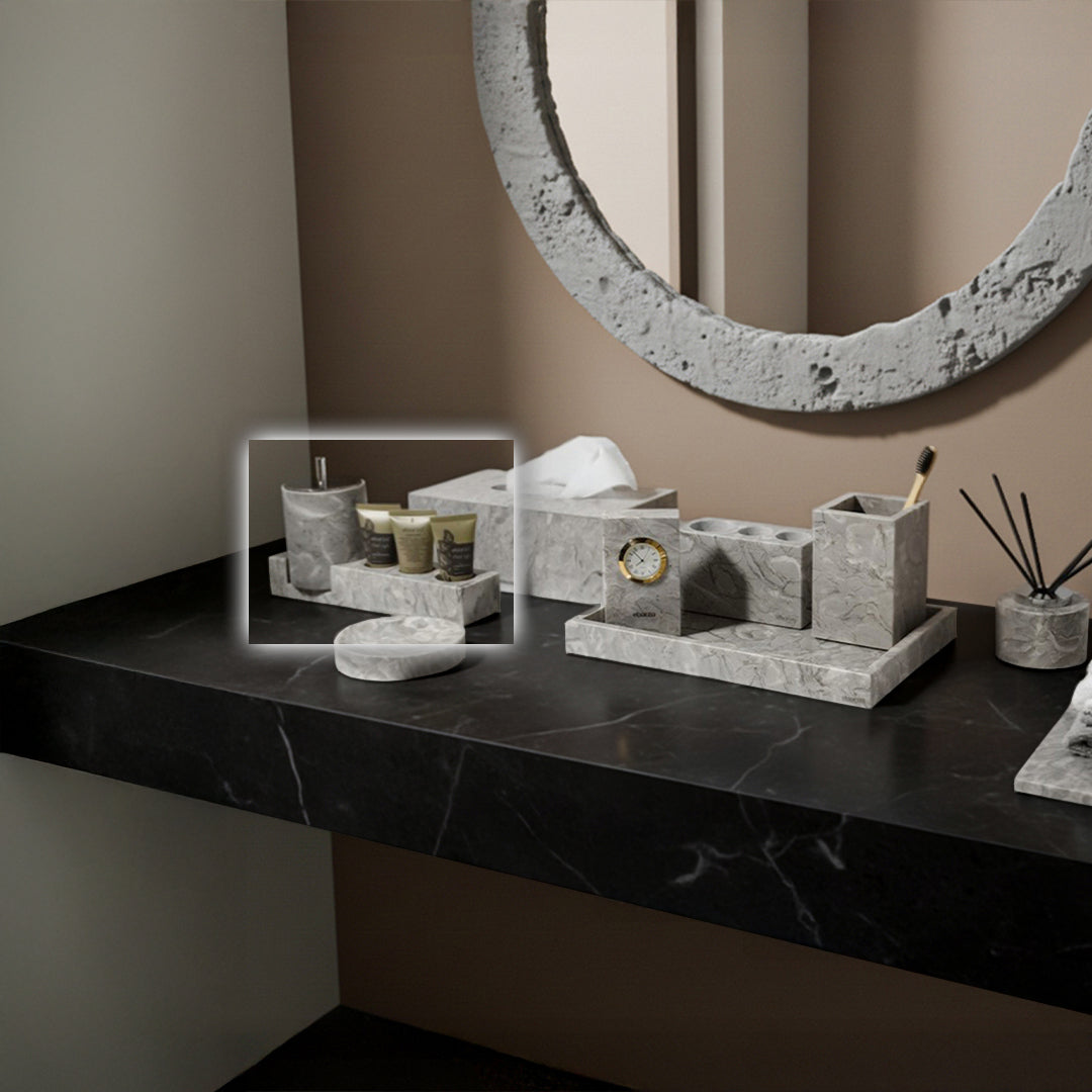 Bawang Flower Marble Toothbrush Holder Set (Cotton Stick Canister Style - Silver Lid) TMC892-1+CBJ892-6 -  Bath Sets - ebarza Furniture UAE | Shop Modern Furniture in Abu Dhabi & Dubai - مفروشات ايبازرا في الامارات | تسوق اثاث عصري وديكورات مميزة في دبي وابوظبي