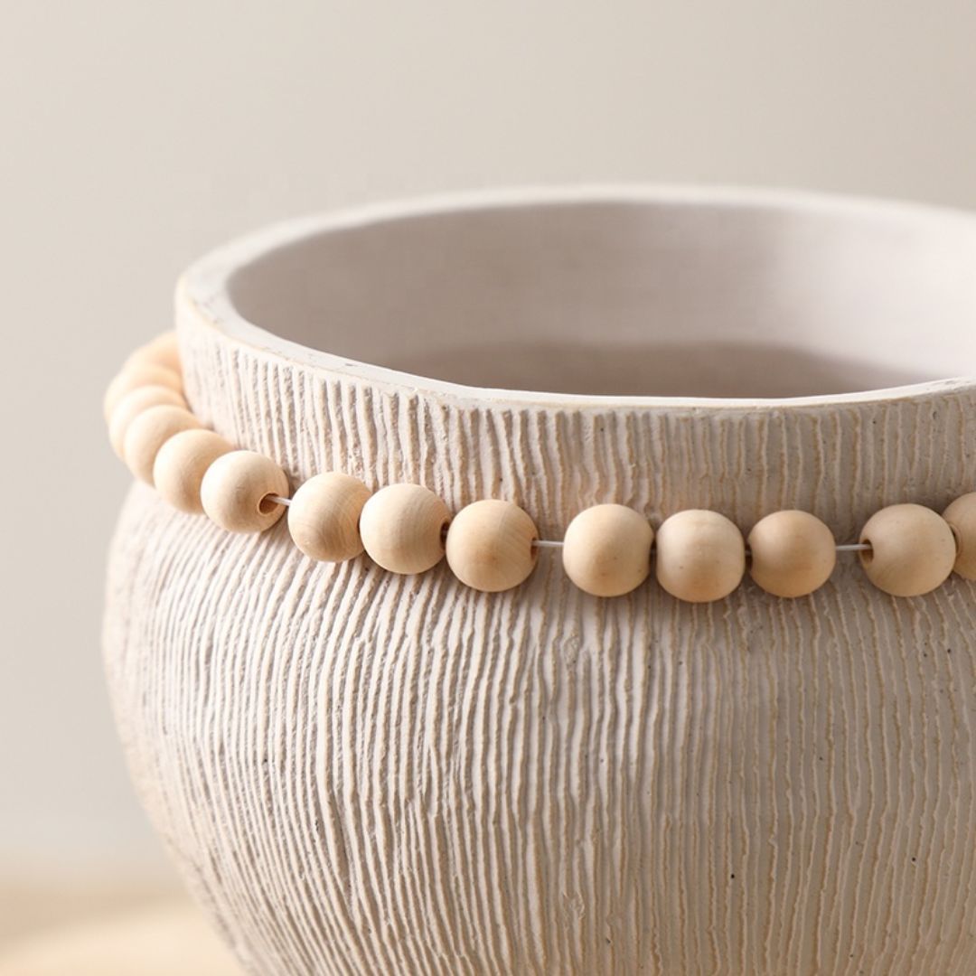 Beige Cement Vase With Bead Detail -A FF-SN24023A -  Vases - ebarza Furniture UAE | Shop Modern Furniture in Abu Dhabi & Dubai - مفروشات ايبازرا في الامارات | تسوق اثاث عصري وديكورات مميزة في دبي وابوظبي