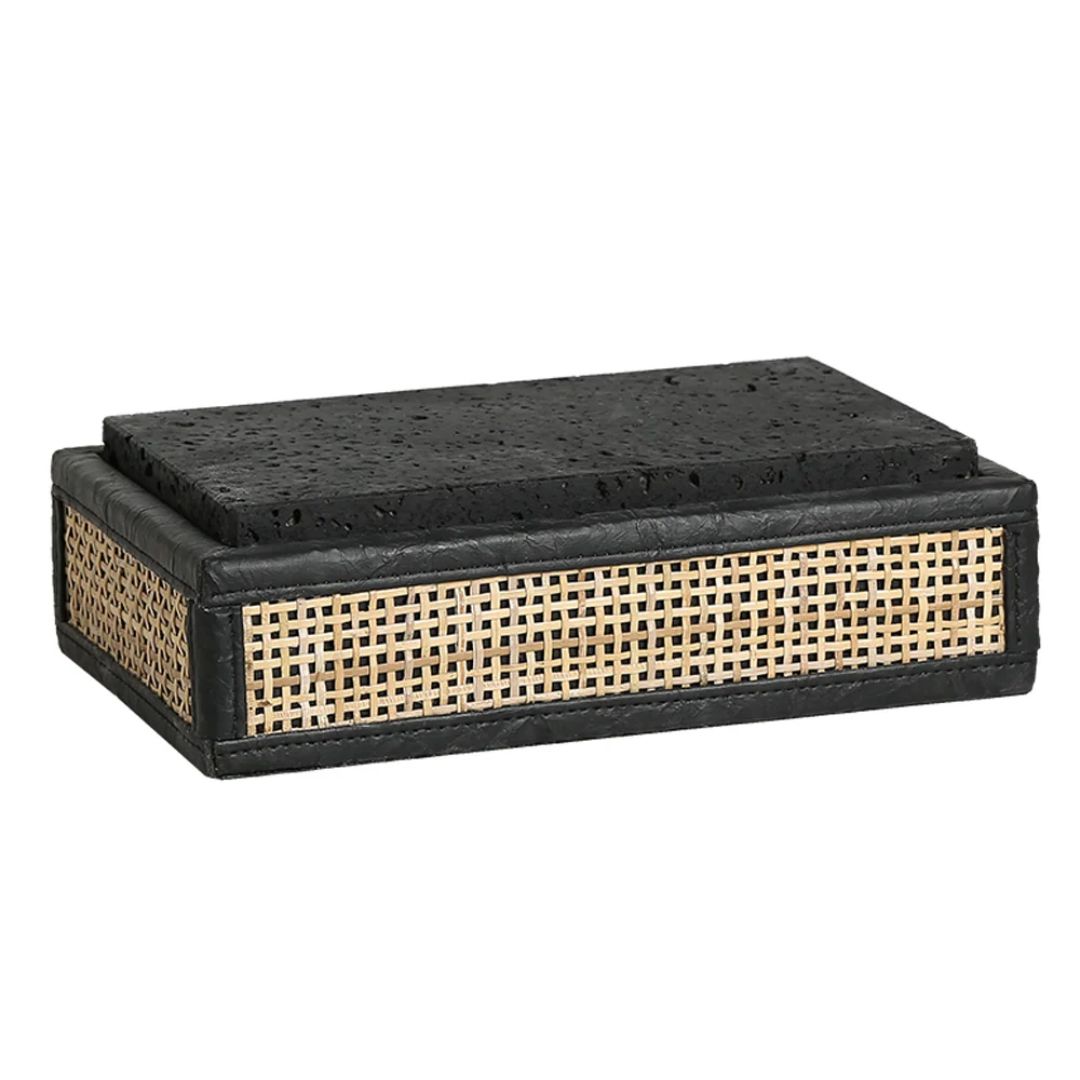 Black Stone & Natural Rattan Storage Box With Lid FB-PG23007A -  Decorative Boxes - ebarza Furniture UAE | Shop Modern Furniture in Abu Dhabi & Dubai - مفروشات ايبازرا في الامارات | تسوق اثاث عصري وديكورات مميزة في دبي وابوظبي