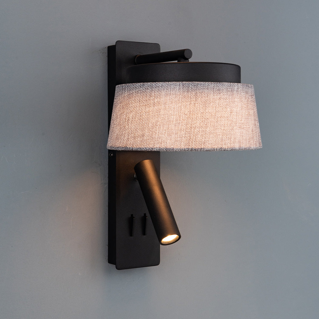 Calm Hotel Style Headboard/ Wall Reading Lamp Calm-WL(B)-02U Black+Grey linen shade -  Wall Lamps | مصباح قراءة على شكل فندق هادئ على اللوح الأمامي/الجدار - ebarza Furniture UAE | Shop Modern Furniture in Abu Dhabi & Dubai - مفروشات ايبازرا في الامارات | تسوق اثاث عصري وديكورات مميزة في دبي وابوظبي