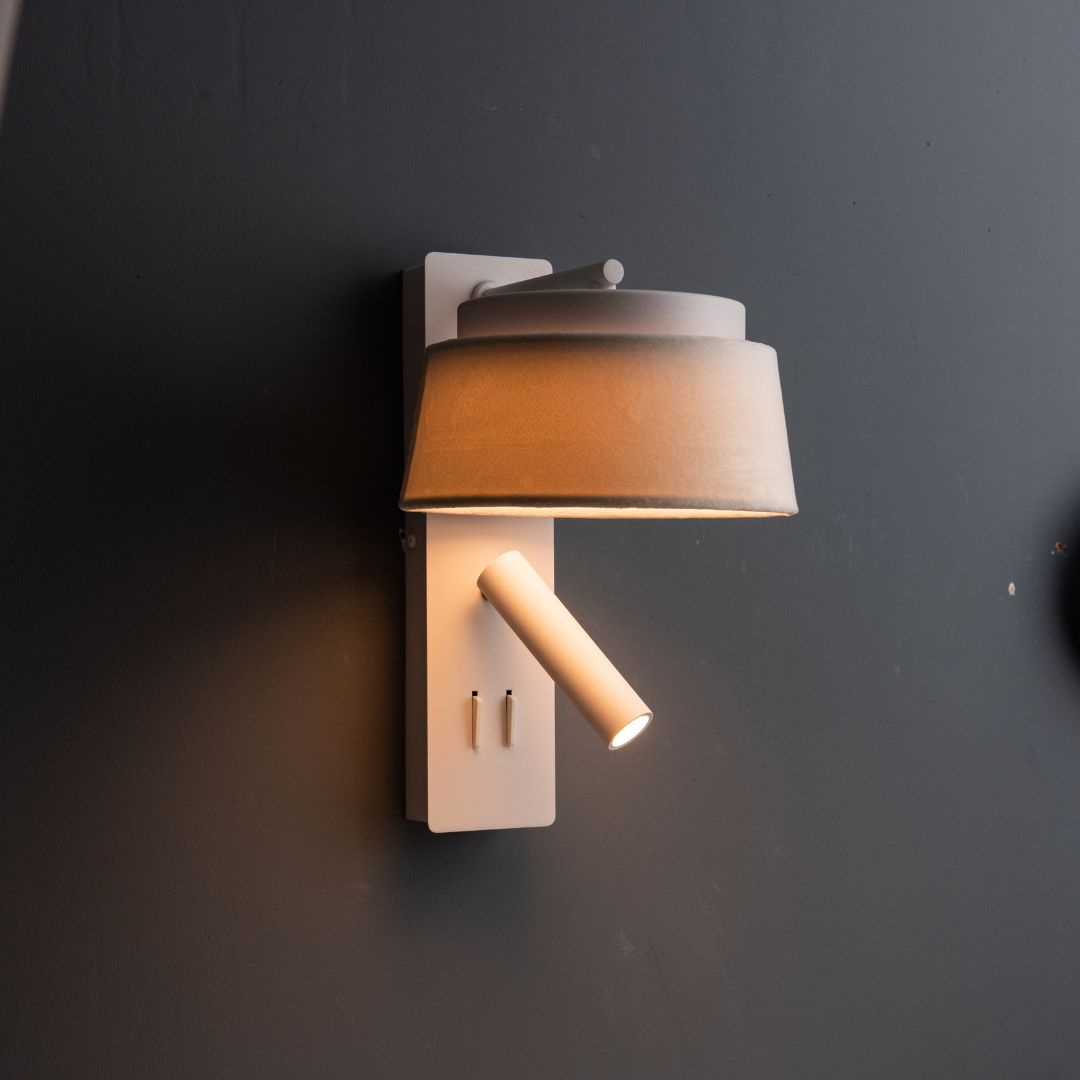 Calm Hotel Style Headboard/ Wall Reading Lamp Calm-WLB)-01U White+Grey linen shade -  Wall Lamps | مصباح كالم فندق نمط اللوح الأمامي / مصباح القراءة الجدار - ebarza Furniture UAE | Shop Modern Furniture in Abu Dhabi & Dubai - مفروشات ايبازرا في الامارات | تسوق اثاث عصري وديكورات مميزة في دبي وابوظبي